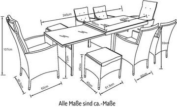 KONIFERA Garten-Essgruppe Parla, (Set, 21-tlg., 6xSessel, 1x AZ-Tisch 150-242,5cm,2x Hocker,inkl. Auflagen, Polyrattan), 2 der 6 Sessel sind verstellbar, Grau, Tischplatte aus Sicherheitsglas