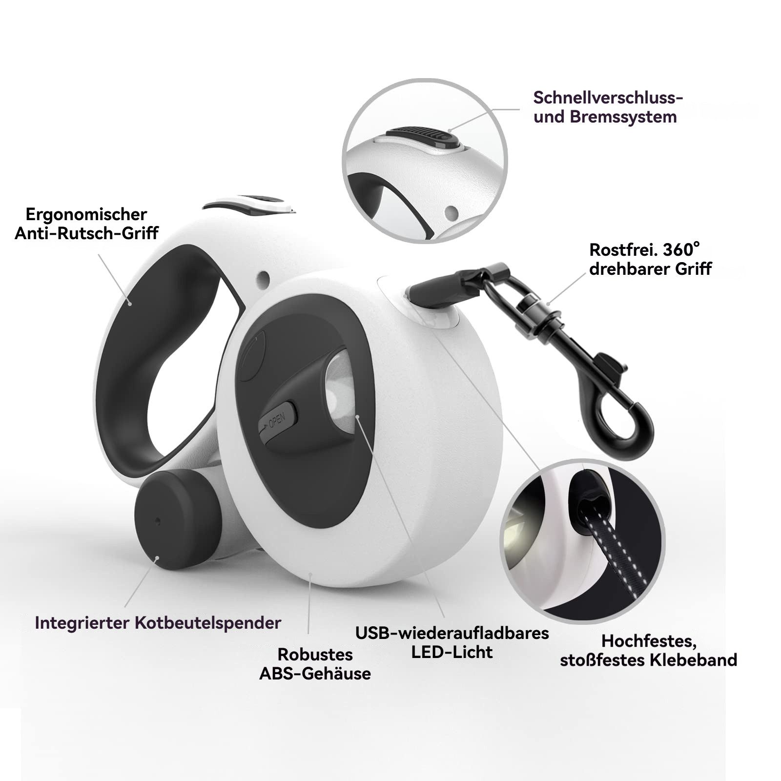 Tekoo Rollleine Hund 5m mit LED Licht & Kotbeutelspender, bis 30kg, (Packung), 4-in-1 System, Reflektierendes Band, Wiederaufladbar