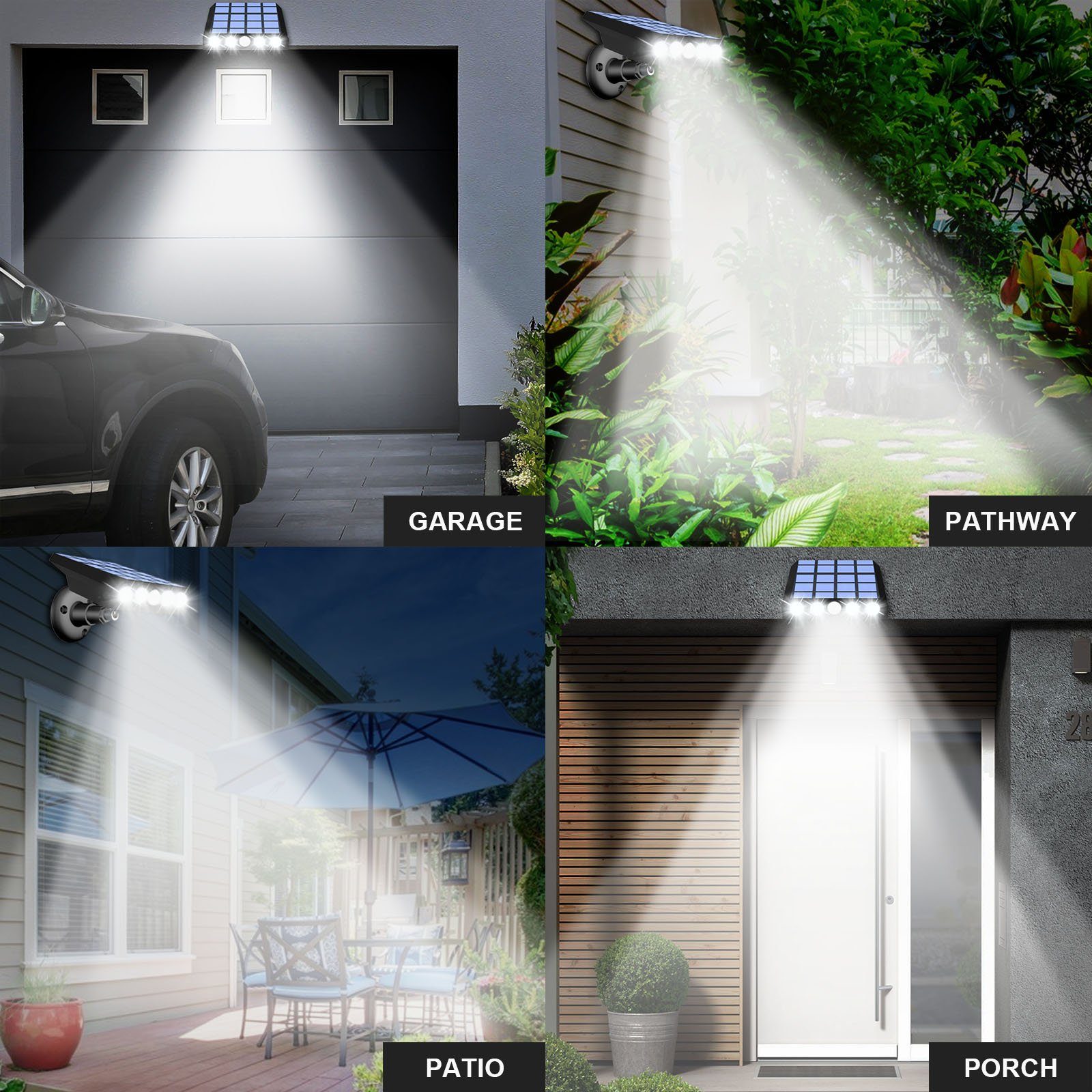 Kopf, 3 360° Solar, Modi, Bewegungssensor, für Garten, Garage Hof wasserdicht, LED verstellbarer Warmweiß/Weiß, Außen-Wandleuchte Rosnek LED-Flutlichter