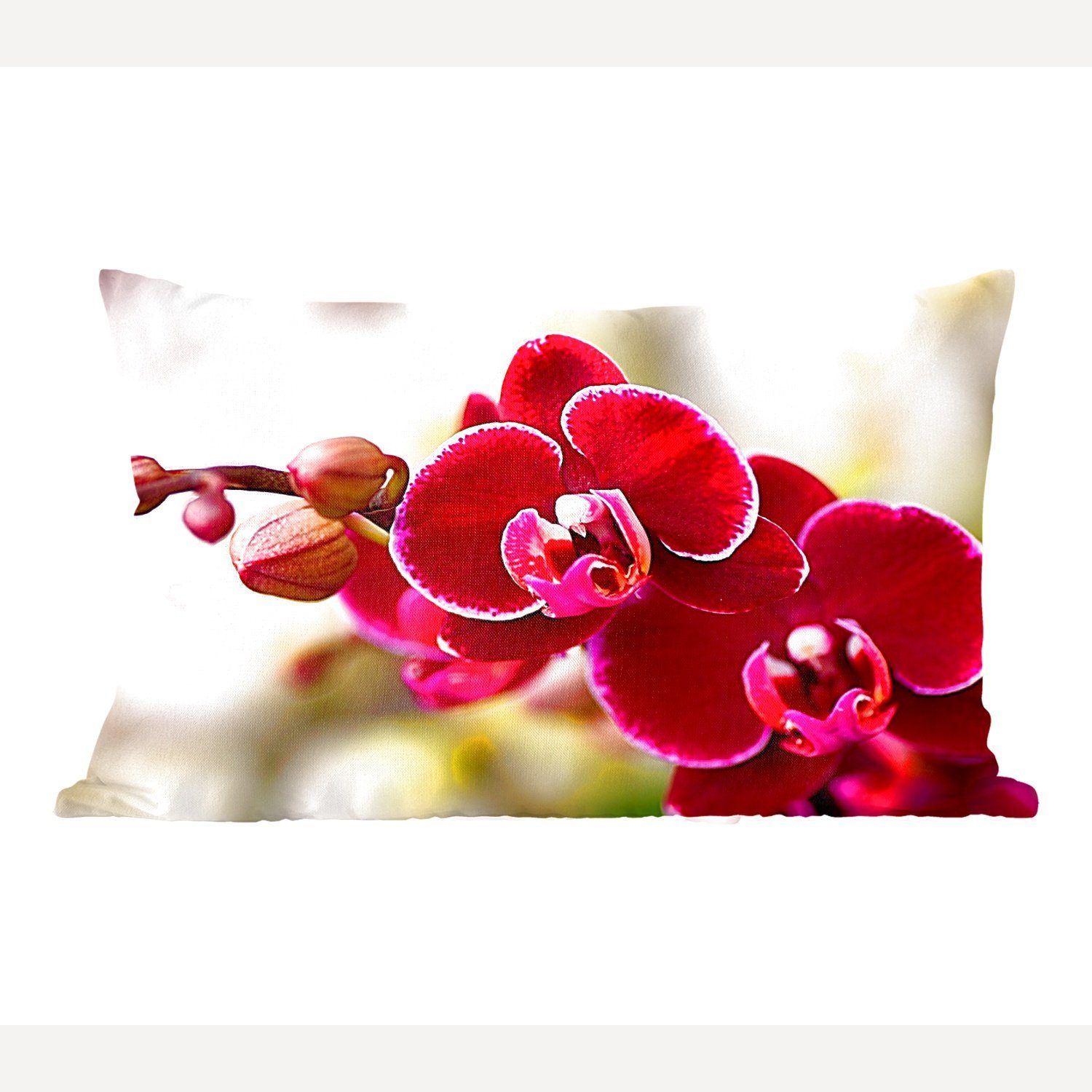 Zierkissen, Dekokissen Nahaufnahme MuchoWow von unscharfen Hintergrund, Füllung, Schlafzimmer Dekoration, roten Wohzimmer Orchideen mit Dekokissen vor einem