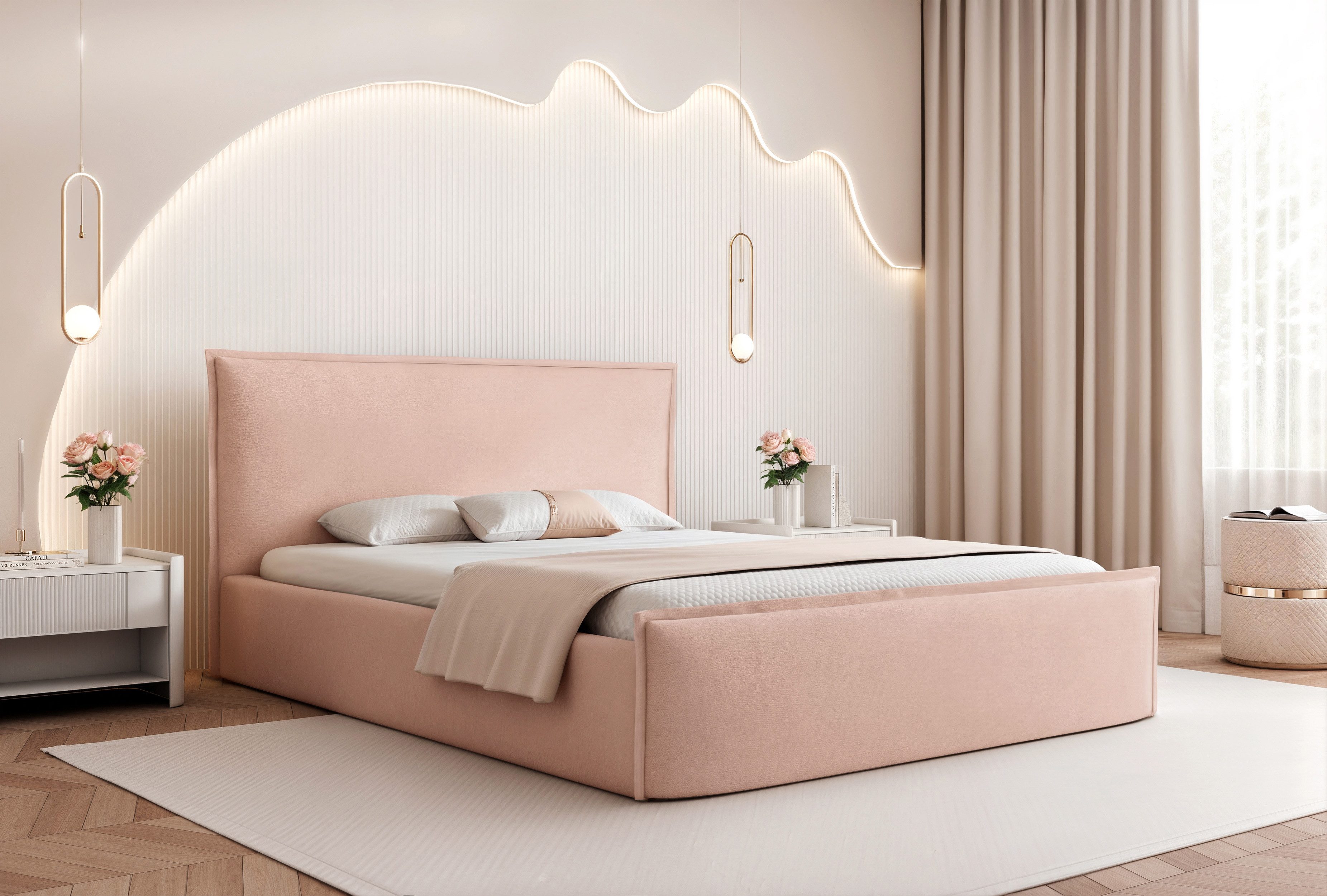 Goldstoff Polsterbett Bettgestell "SERENO" mit großem Stauraum & modernem eleganten Design (120–200x200 cm, Kopfteilhöhe 70/110 cm, Seitenhöhe: 30 cm), Bettgestell mit integriertem Stauraum & hochwertiger Verarbeitung