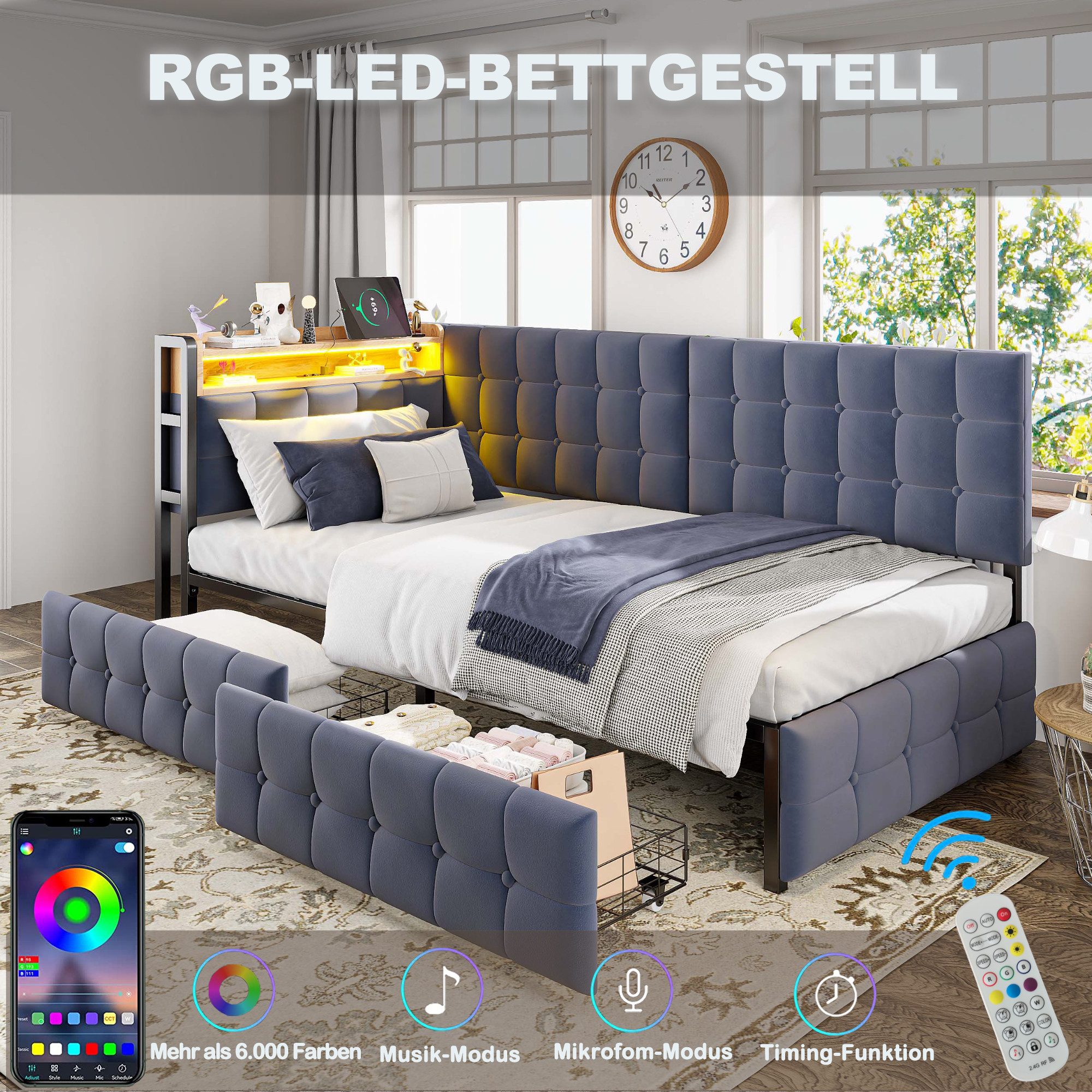 Merax Daybett (Einzelbett Jugendbett Tagesbett Kinderbett Samt, 1 tlg), Polsterbett Schlafsofa 90x200cm mit LED, 2 Schubladen, USB & Typ-C – Bild 3 von 5