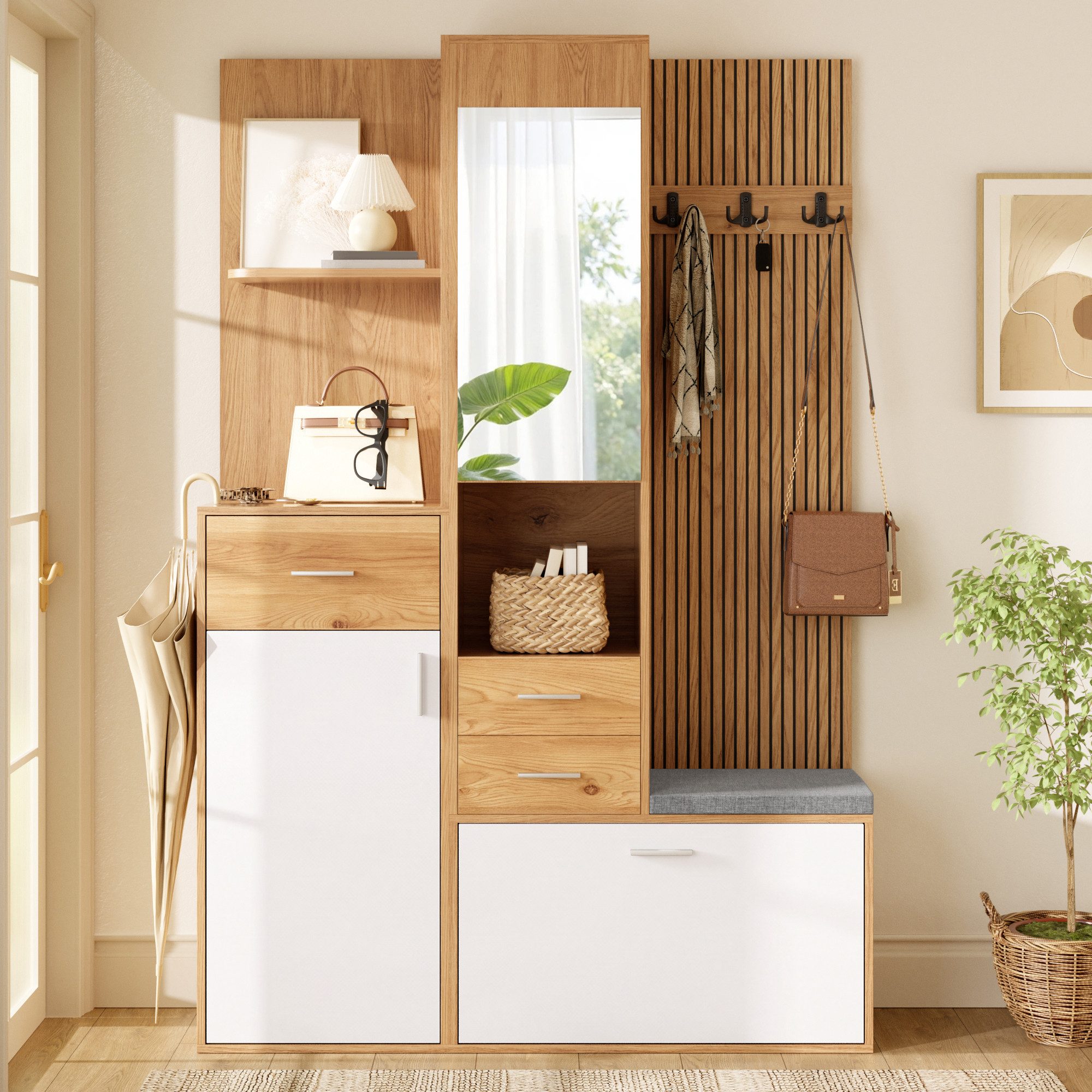 Merax Garderoben-Set mit Sitzbank, Schuhschrank, Spiegel, Klappschuhfach & Schubladen, (120 x 32 x 178 cm (L x B x H), 1-St), Kompaktgarderobe mit LED-Beleuchtung, Flurgarderobe mit Kleiderhaken