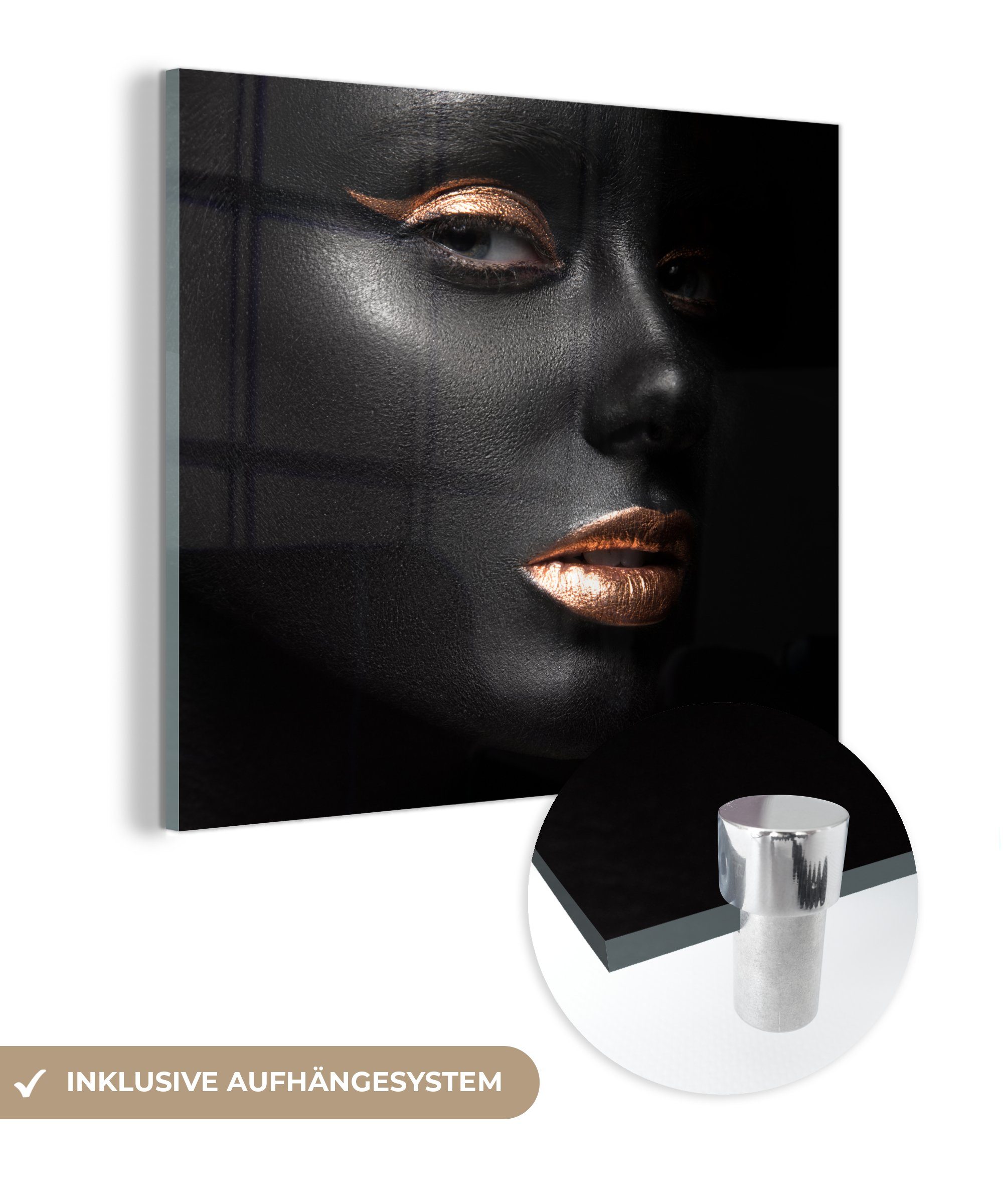 MuchoWow Acrylglasbild Frau - Make-up - Kupfer - Schwarz, (1 St), Glasbilder - Bilder auf Glas Wandbild - Foto auf Glas - Wanddekoration bunt
