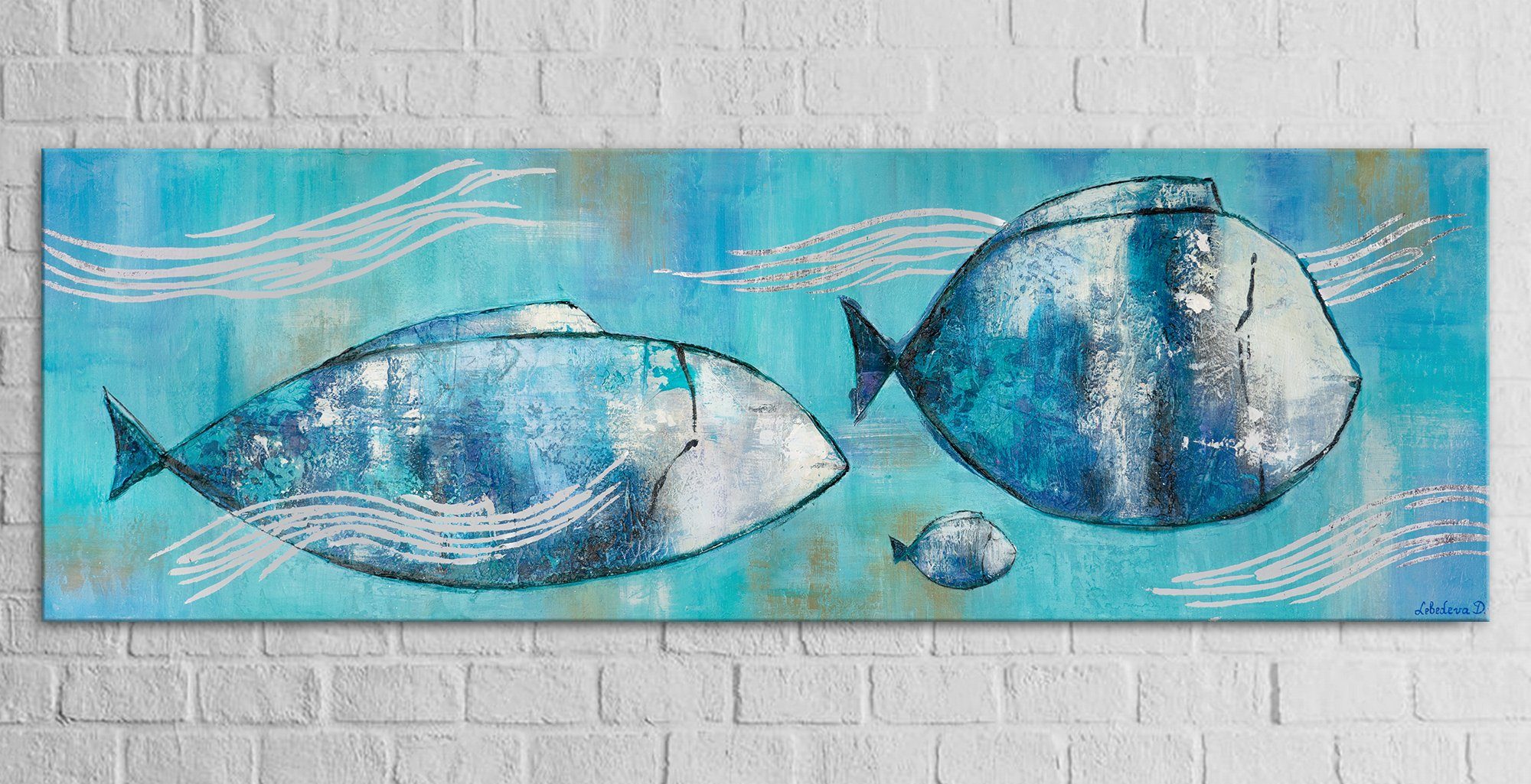Tiere, Ohne im Fische Bild Gemälde Schattenfugenrahmen YS-Art Handgemalt Familie auf Reisende Meer Leinwand Fische,