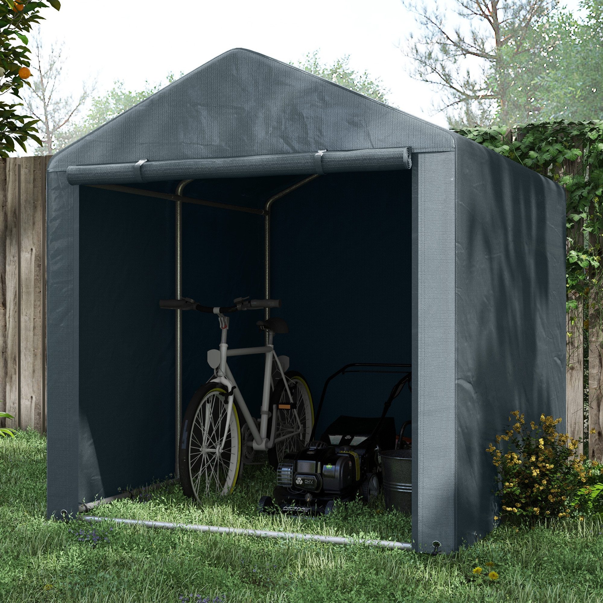 Outsunny Faltgarage Gartenschuppen Zelt mit verzinktem Stahlrahmen und großer Tür (Schuppen, 1-St., Gartenaufbewahrungszelt), für Garten, Dunkelgrau
