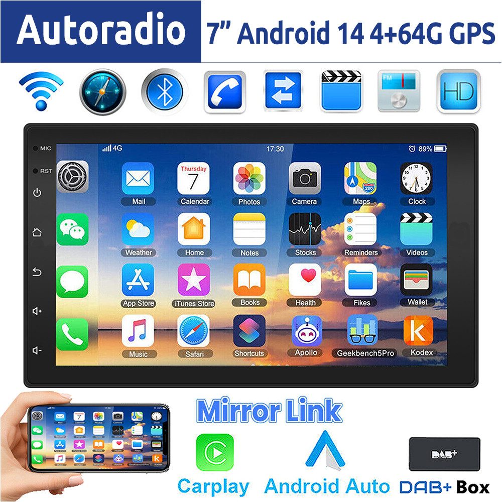 ESSGOO 7 Zoll Doppel 2 DIN Android 14 4+64G Autoradio (Digitalradio (DAB), FM, RDS, FM RDS Bluetooth EQ USB Apple Carplay Android Auto GPS Navi WIFI)