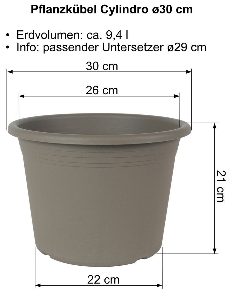 Heimwerkercenter Pflanzkübel MePla - Blumentopf Cylindro ø30cm, Untersetzer ø29cm Taupe, Kunstoff