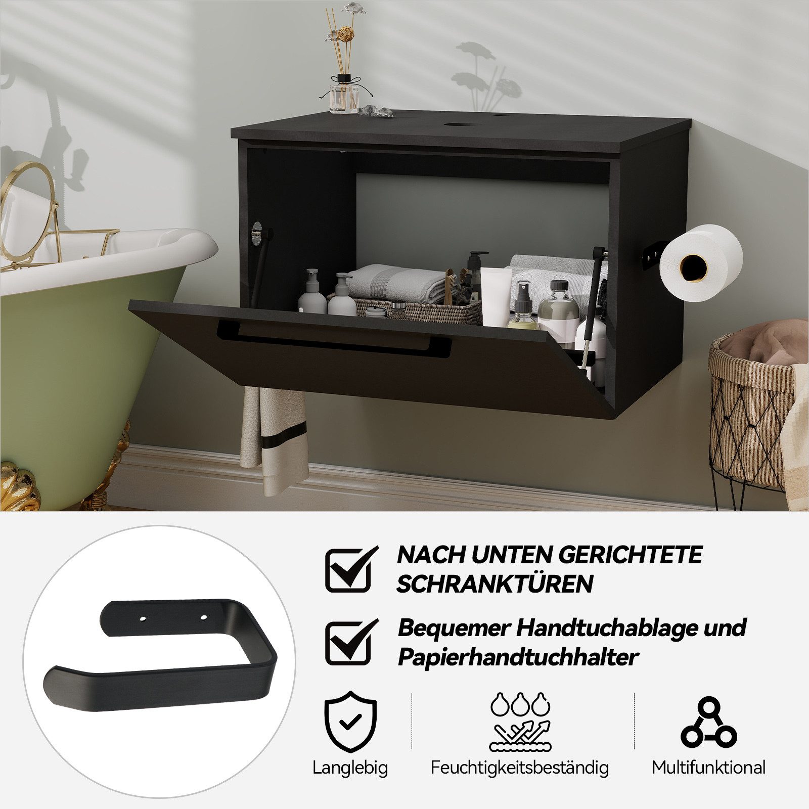 Puluomis Waschbeckenunterschrank 60cm mit 1 Handtuchring 1 Klopapierhalter ohne Spiegel (Set, Unterrschrank/ Wandschrank, Unterschrank, Waschbecken Set) Schwarz – Bild 2 von 5