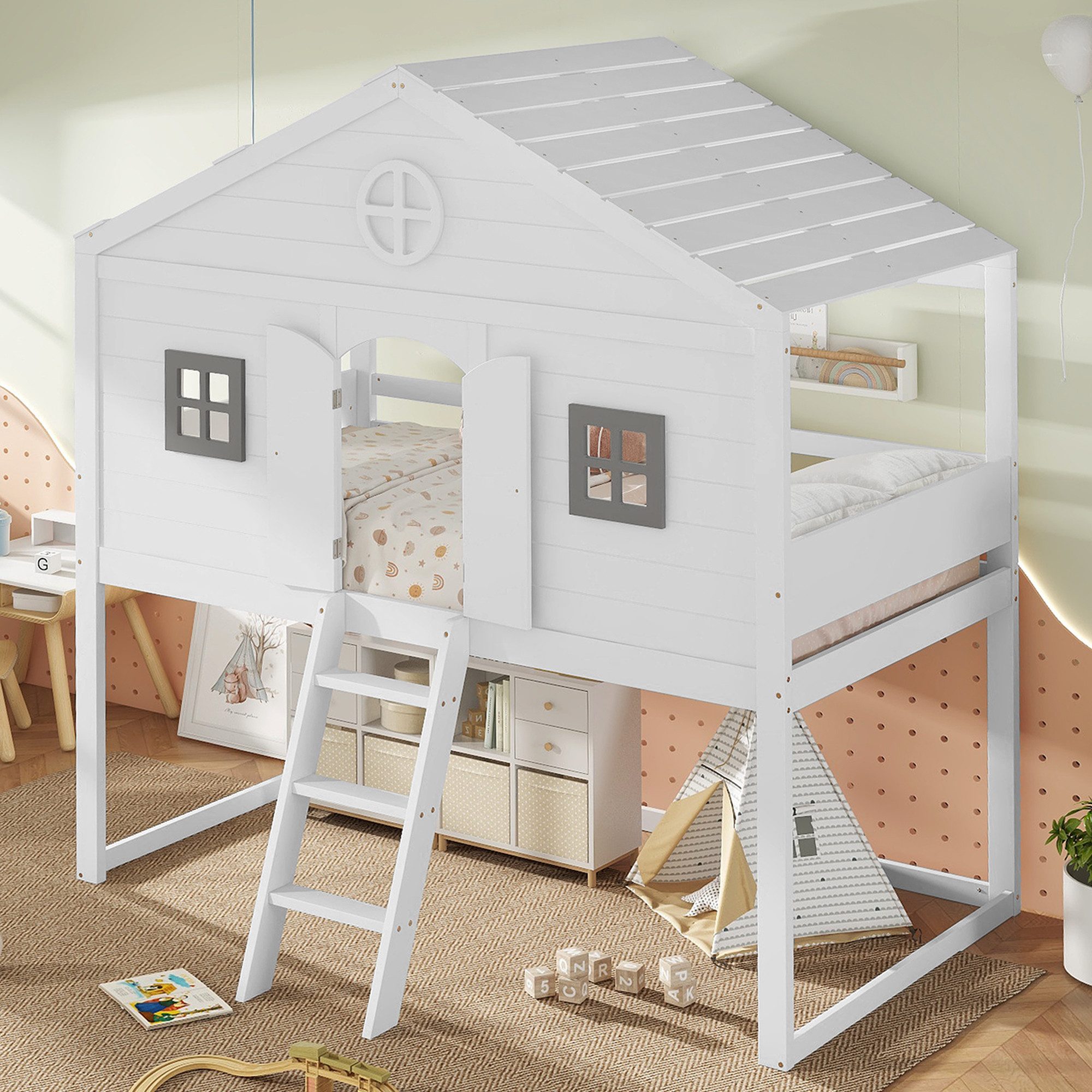 Kinderbett 90x200cm mit Treppe, mit Fallschutz und Gitter, mit Fenster, Weiß+Grau
