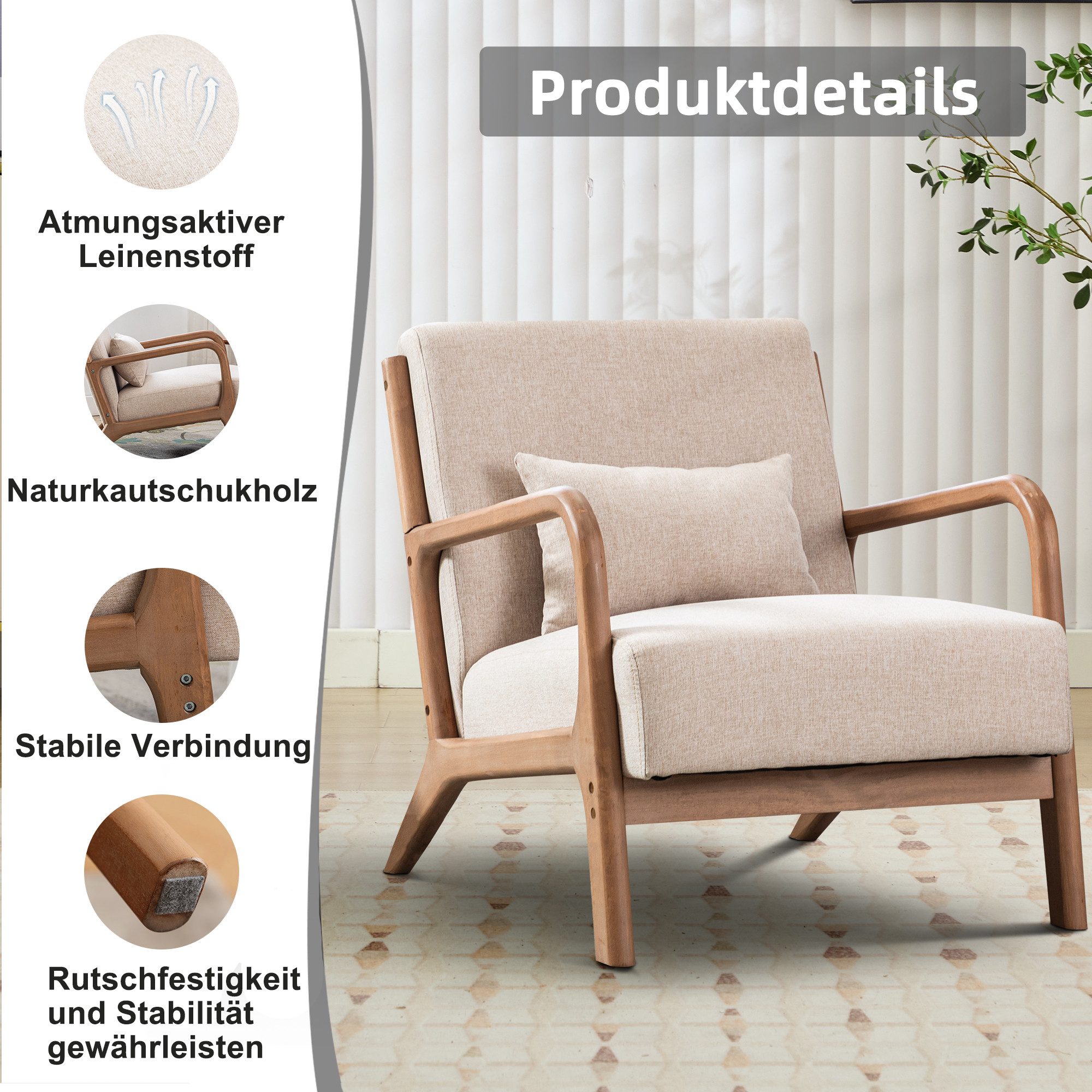CANMOV Relaxsessel Accent Sessel mit Kissen, Loungesessel mit Armlehnen, Einzelsessel (1-St), Natürliches Holz, Liegestuhl mit Armlehne und Kissen, für Wohnzimm – Bild 3 von 5