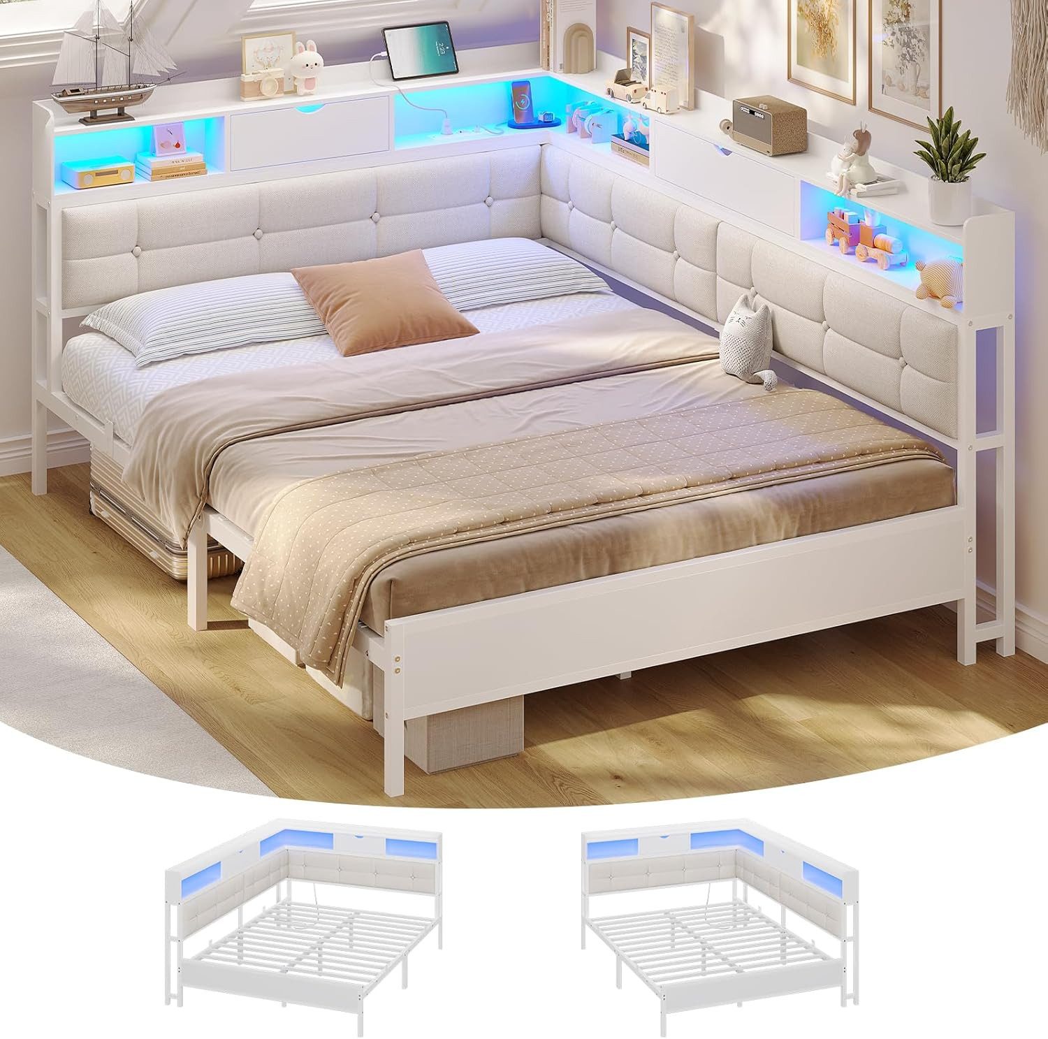 MSMASK Daybett Polsterbett Jugendbett mit LED-Beleuchtung und USB-Ladestation, Bettgestell mit Lattenrost aus Metall, 140 x 200 cm