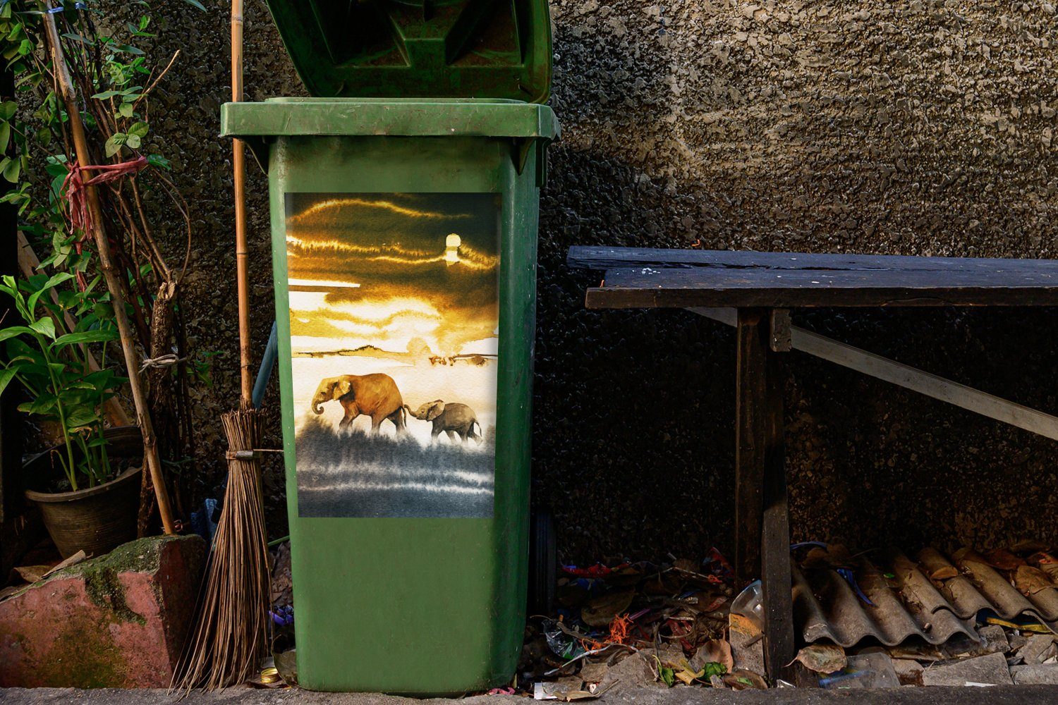 Mülleimer-aufkleber, St), Elefant - Sticker, - Container, Mülltonne, MuchoWow Abfalbehälter Gelb Blau Schwanz (1 - Wandsticker