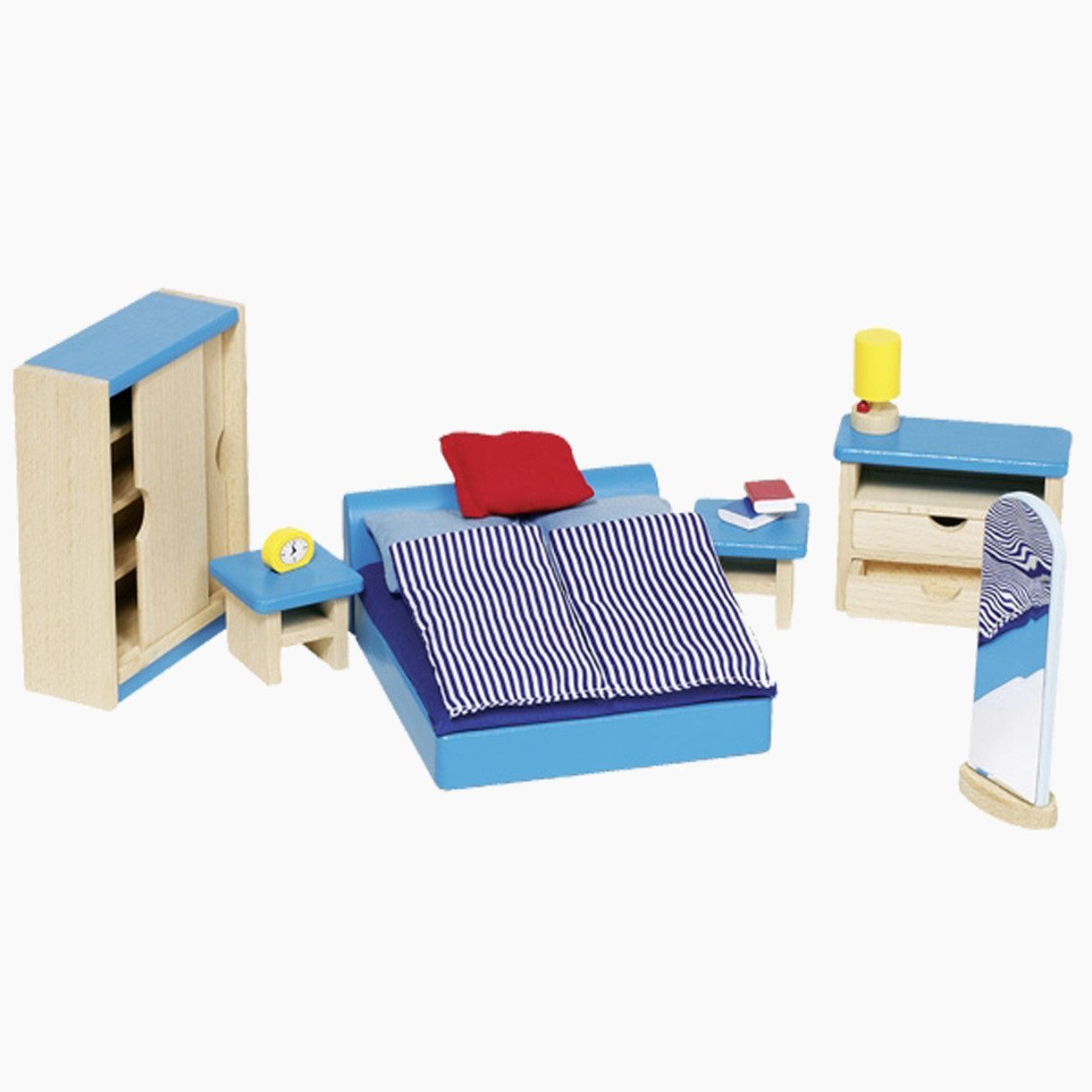 goki Puppenhaus Schlafzimmer, (packung, 14-tlg., 16 teilig), Moderne Puppenmöbel mit detailverliebten Accessoires.