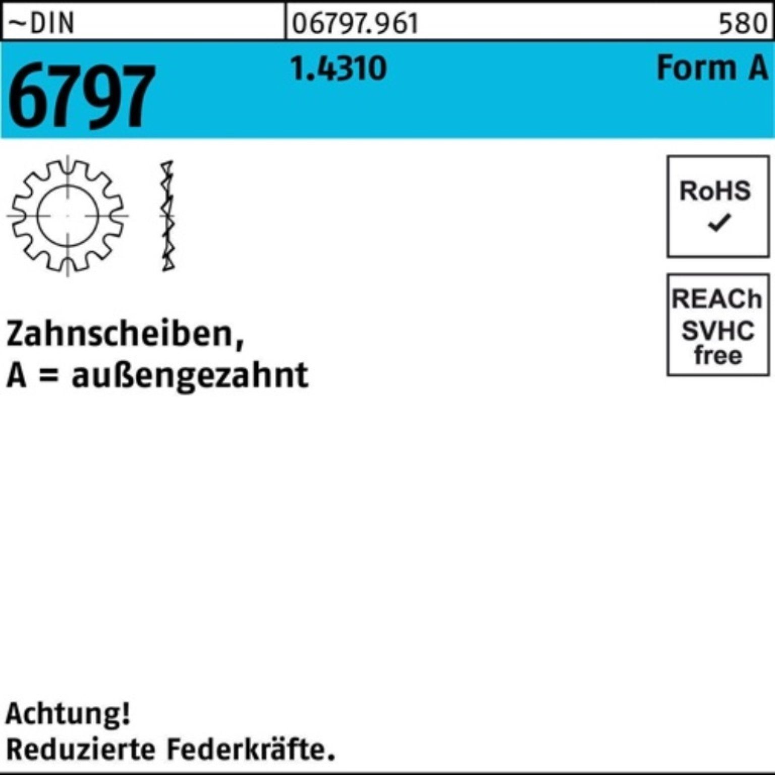 Reyher Zahnscheibe 100er Pack Zahnscheibe DIN 6797 FormA außengezahnt A 13 1.4310 100 St