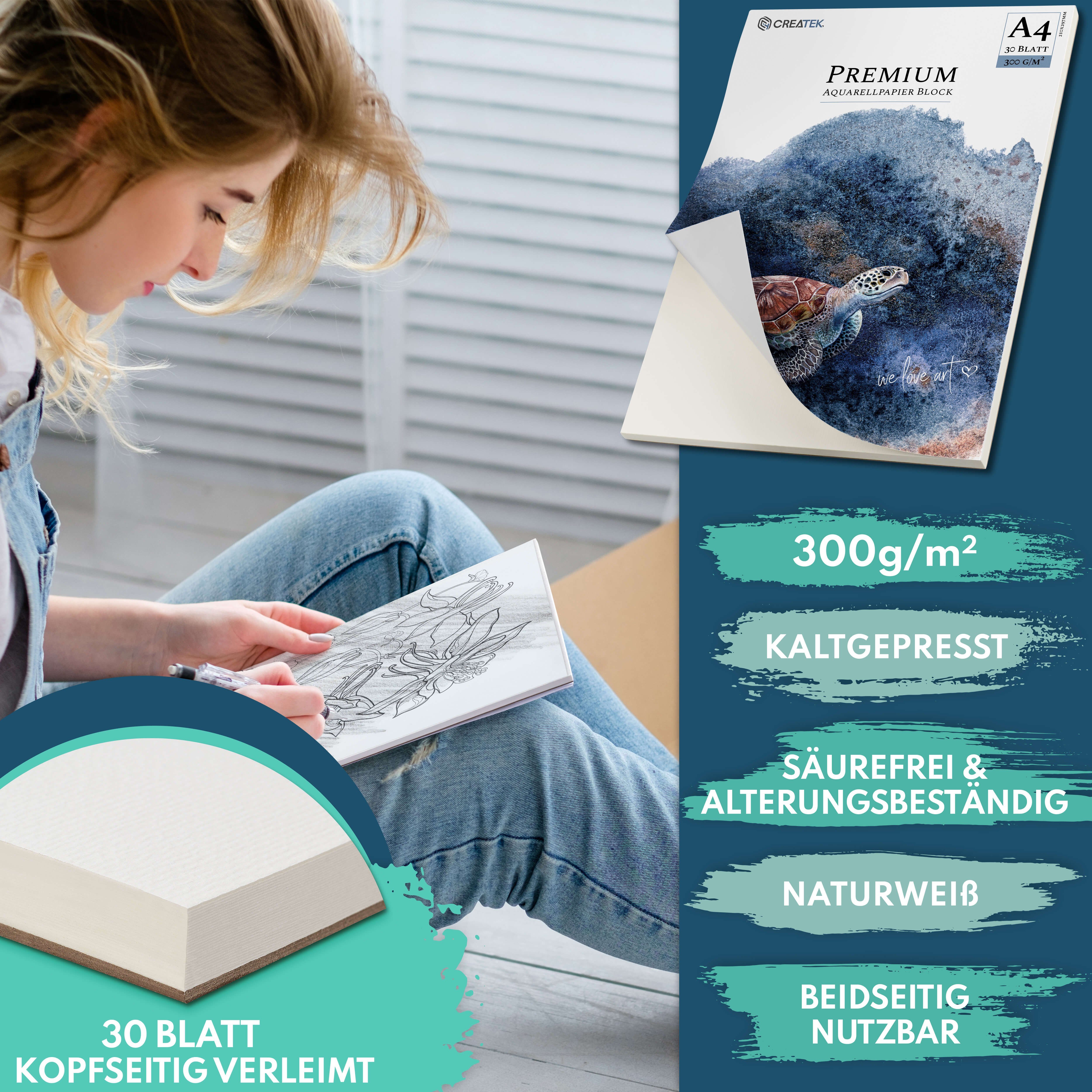 CreaTek Aquarellpapier 300g inkl. uvm., - MALVORLAGEN 2 diverse + Pinsel Größen STUNDEN Bleistift VIDEOKURS 400 Qualität & Premium