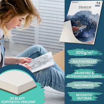 CreaTek Aquarellpapier 300g im Set je 1x A4+A5+A6 Profi Aquarell Papier & viel Zubehör, inkl. 2 Stunden Videokurs