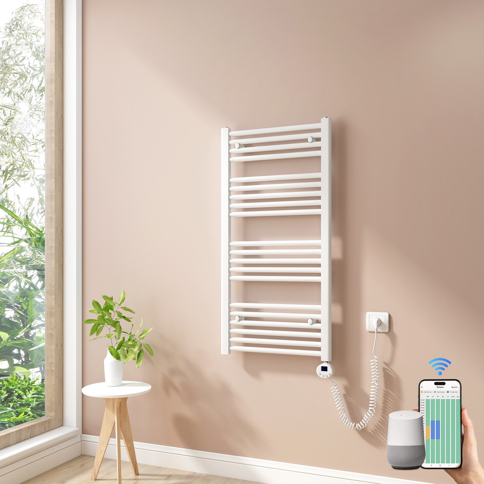MEYKOERS Elektrischer Badheizkörper mit Smart WLAN Thermostat Heizstab, Höhe: 100 cm, Intelligente App/Sprachsteuerung, Weiß/Anthrazit