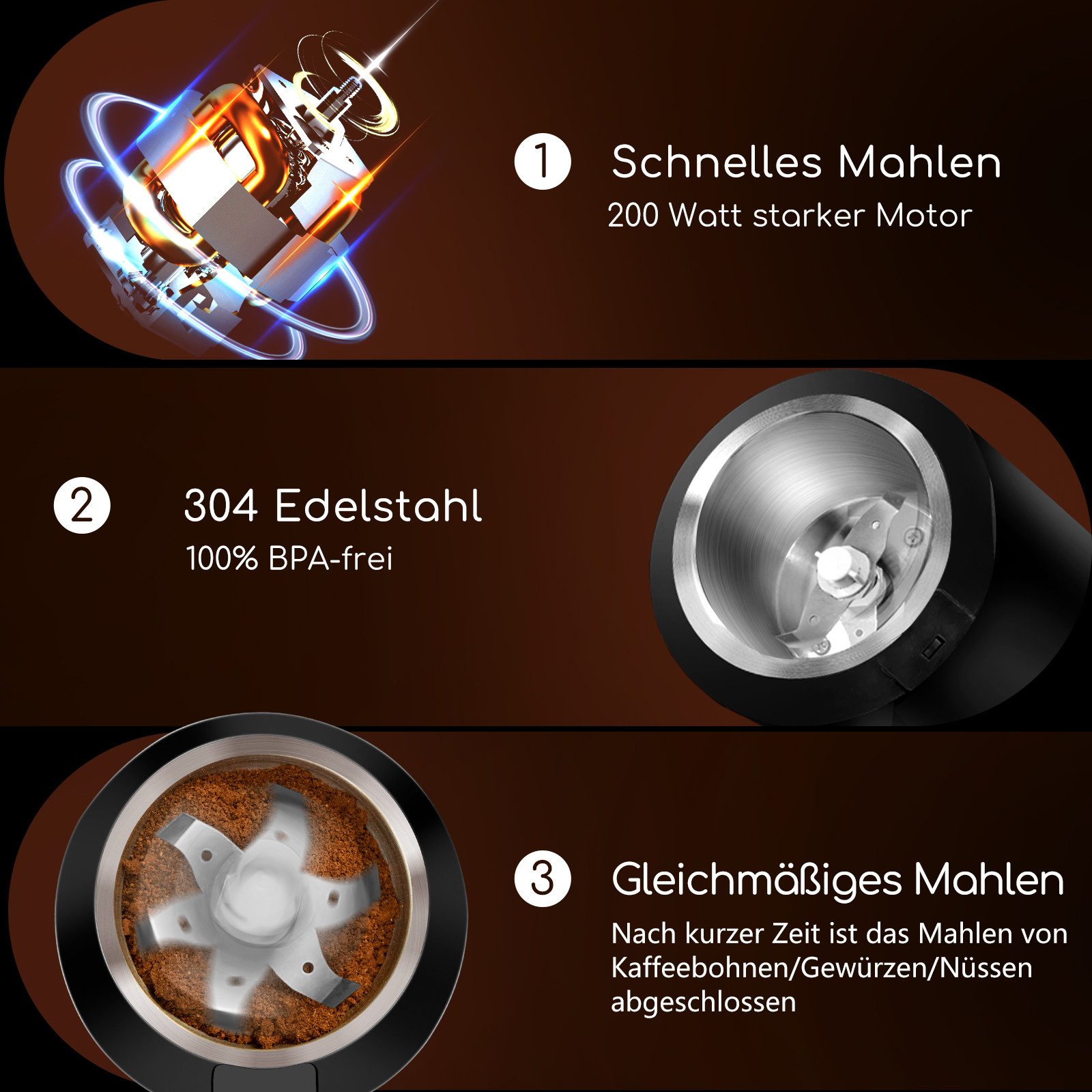 Aigostar Kaffeemühle Elektrische Kaffeemühle Mahlgrad Einstellbar BPA Frei Caffe Grinder, 200 W, Edelstahl Schlagmesser, 60 g Bohnenbehälter, Edelstahl Schlagmesser, Edelstahl, Verstellbar, mit Reinigungs-Pinsel