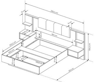 Furnix Schlafzimmer-Set DASTI Bett mit Tischen und LED ohne Matratze 210x250 Beige, 210x256,4x104,4 c, Design & Funktionalität