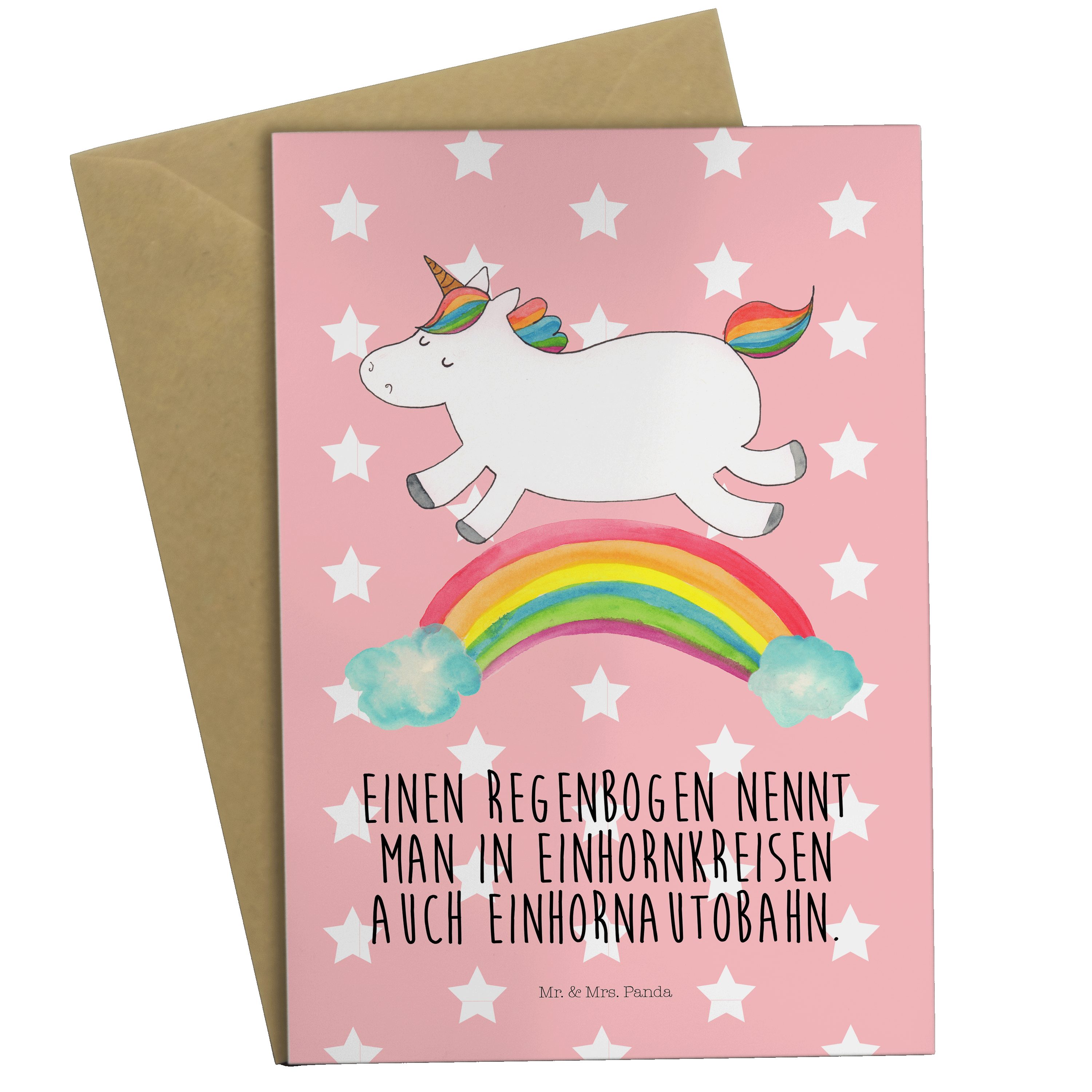 Mr. & Mrs. Panda Grußkarte Einhorn Regenbogen - Rot Pastell - Geschenk, Hochzeitskarte, Klappkar