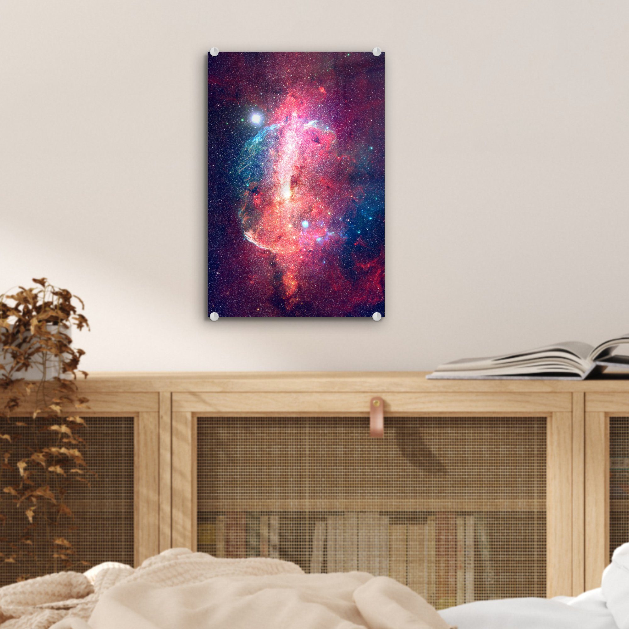 - Weltraum MuchoWow Sterne Glas auf Rot, - Foto - (1 Glas Acrylglasbild auf Wanddekoration Glasbilder - Bilder St), Wandbild -