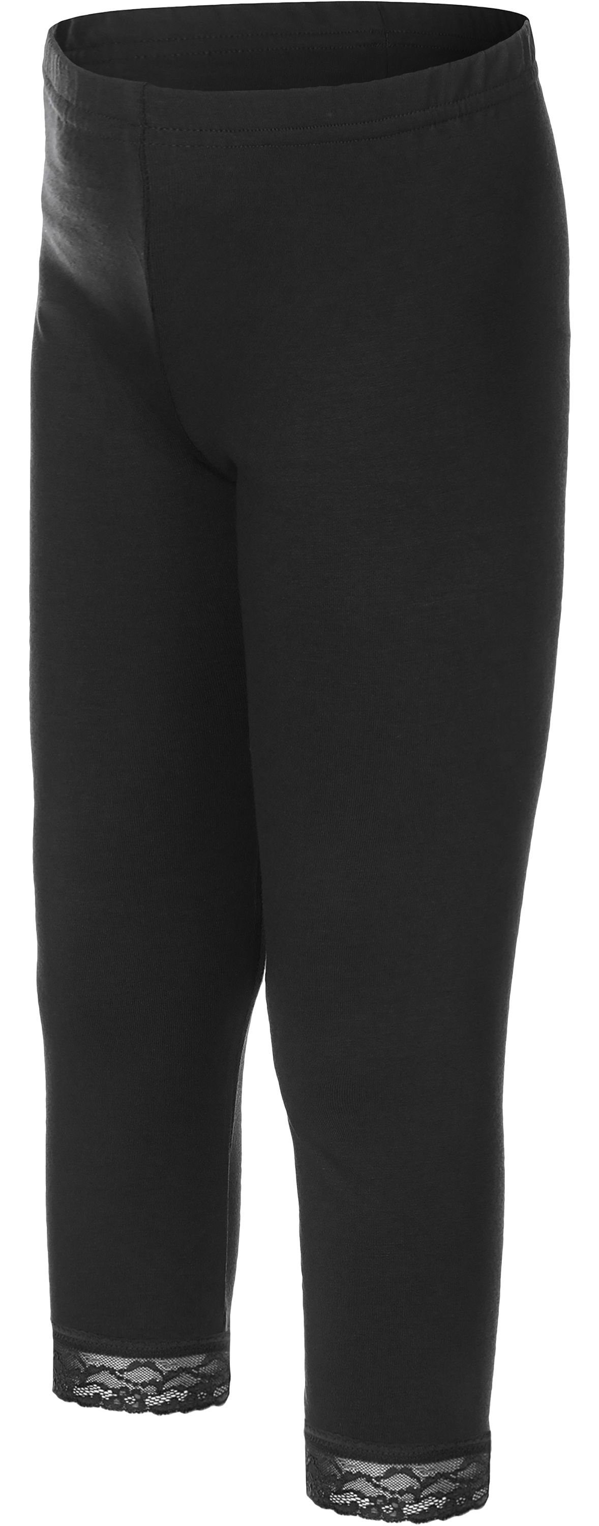 Baumwolle aus Style Merry Schwarz elastischer Leggings (1-tlg) Spitze MS10-228 3/4 mit Leggings Bund Mädchen Capri
