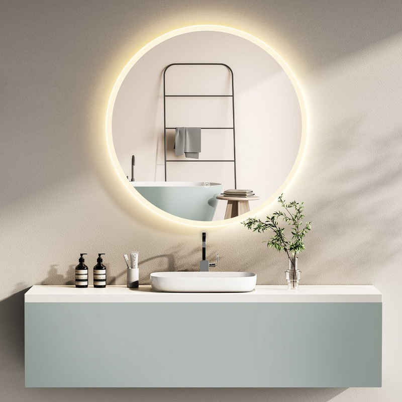 HOKO Badspiegel HOKO® LED Badspiegel rund 60cm mit LED Licht Wechsel (Warmweiß - Kaltweiß - Neutral. Licht mit Touch Schalter und mit Wandschalter einschaltbar. Memory-Funktion.IP44, 5mm HD Glass)