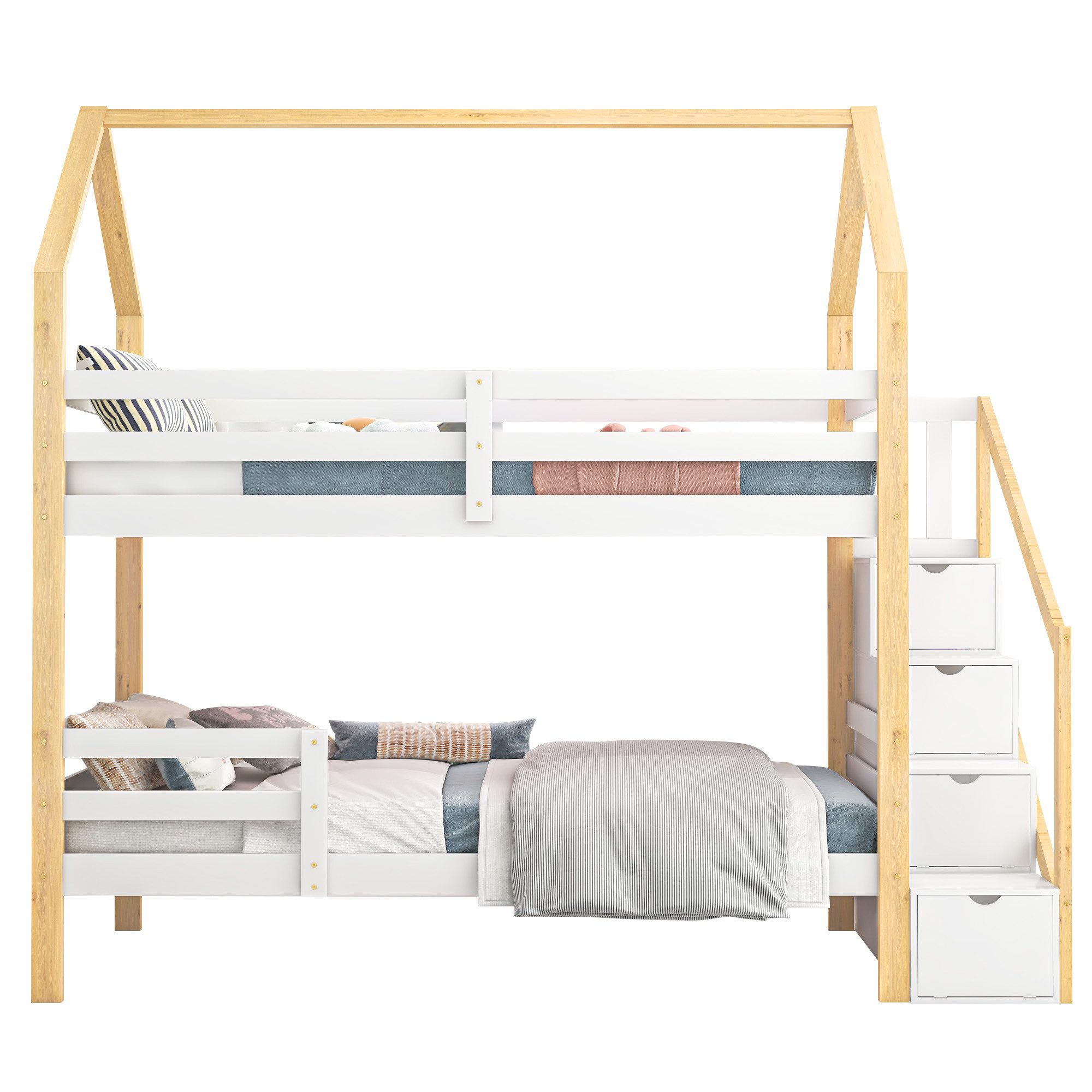 Flieks Etagenbett hrad (mit Lattenrost, Treppe und 4 Schubladen), Hochbett Kiefernholzbett Kinderbett Hausbett 90x200cm