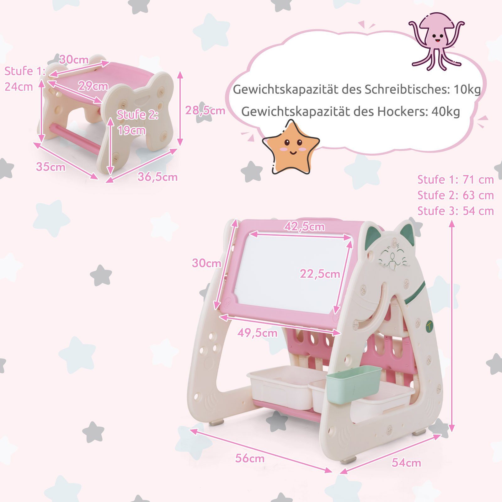 COSTWAY Tafel 3 in 1 Kinder Sitzgruppe, Kindertafel, Bücherregal