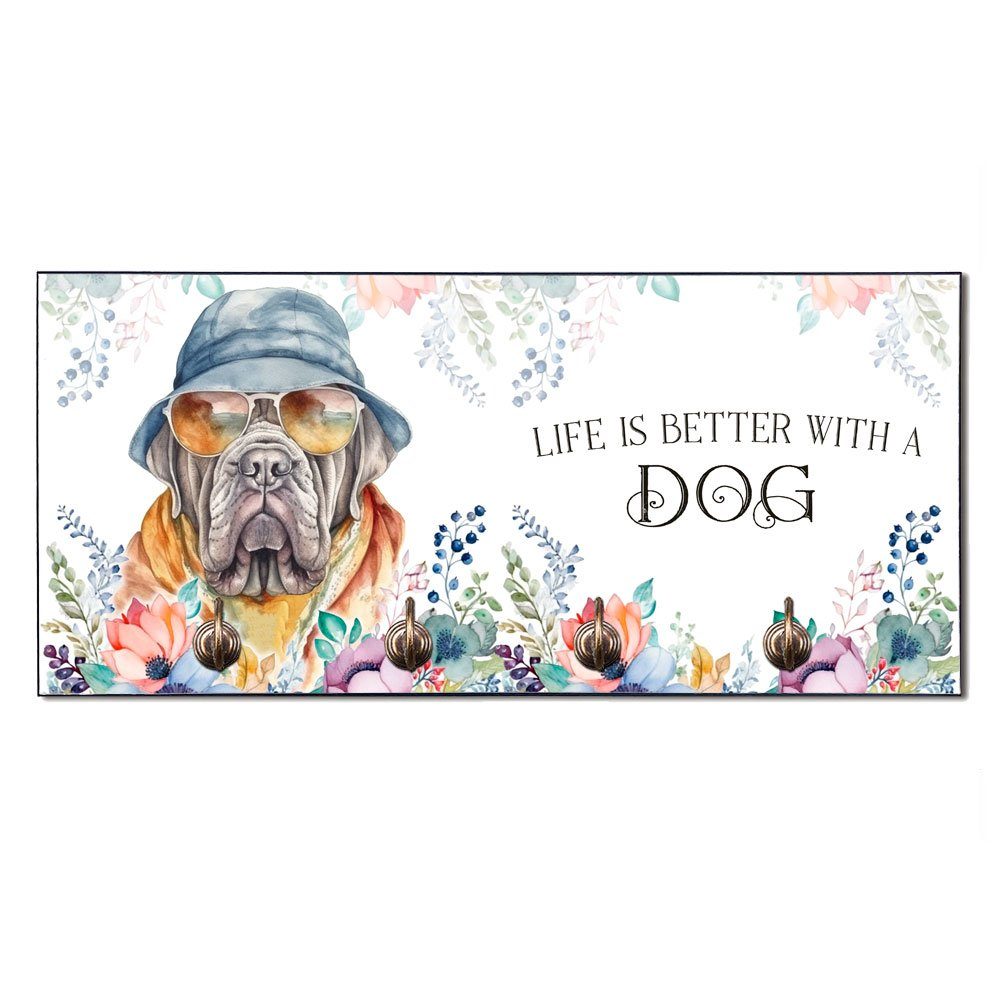 Cadouri Wandgarderobe MASTINO NAPOLETANO Hundegarderobe - Wandboard für Hundezubehör (Garderobe mit 4 Haken), MDF, mit abgeschrägten Ecken, handgefertigt, für Hundebesitzer