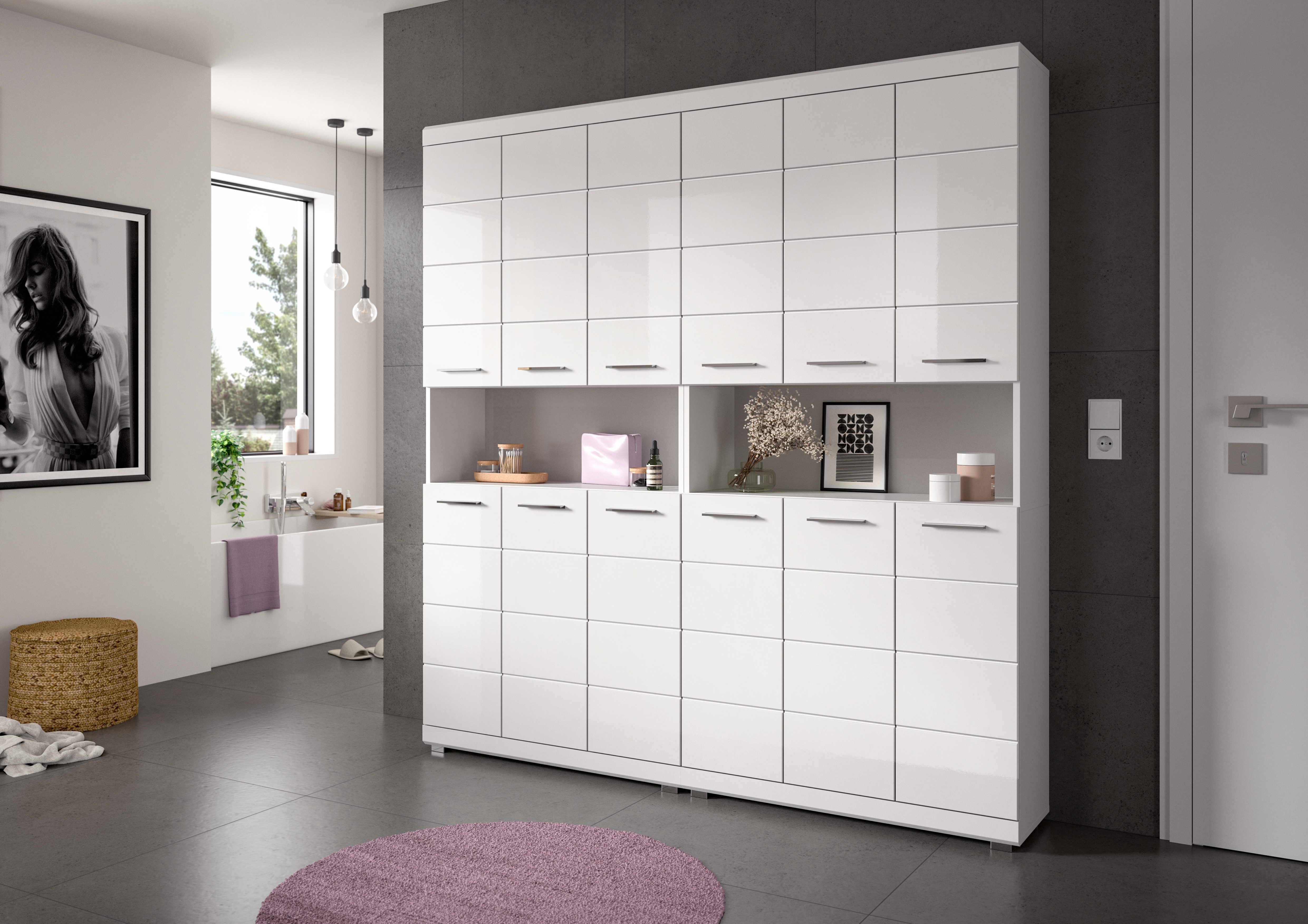 welltime Hochschrank SIENA, Höhe 191cm, 6 Türen, 1 offenes Fach, 8 Einlegeböden, MDF-Front (TOPSELLER! Viel Stauraum) Badmöbel, Badschrank, Badezimmer, Mehrzweckschrank, Universalschrank