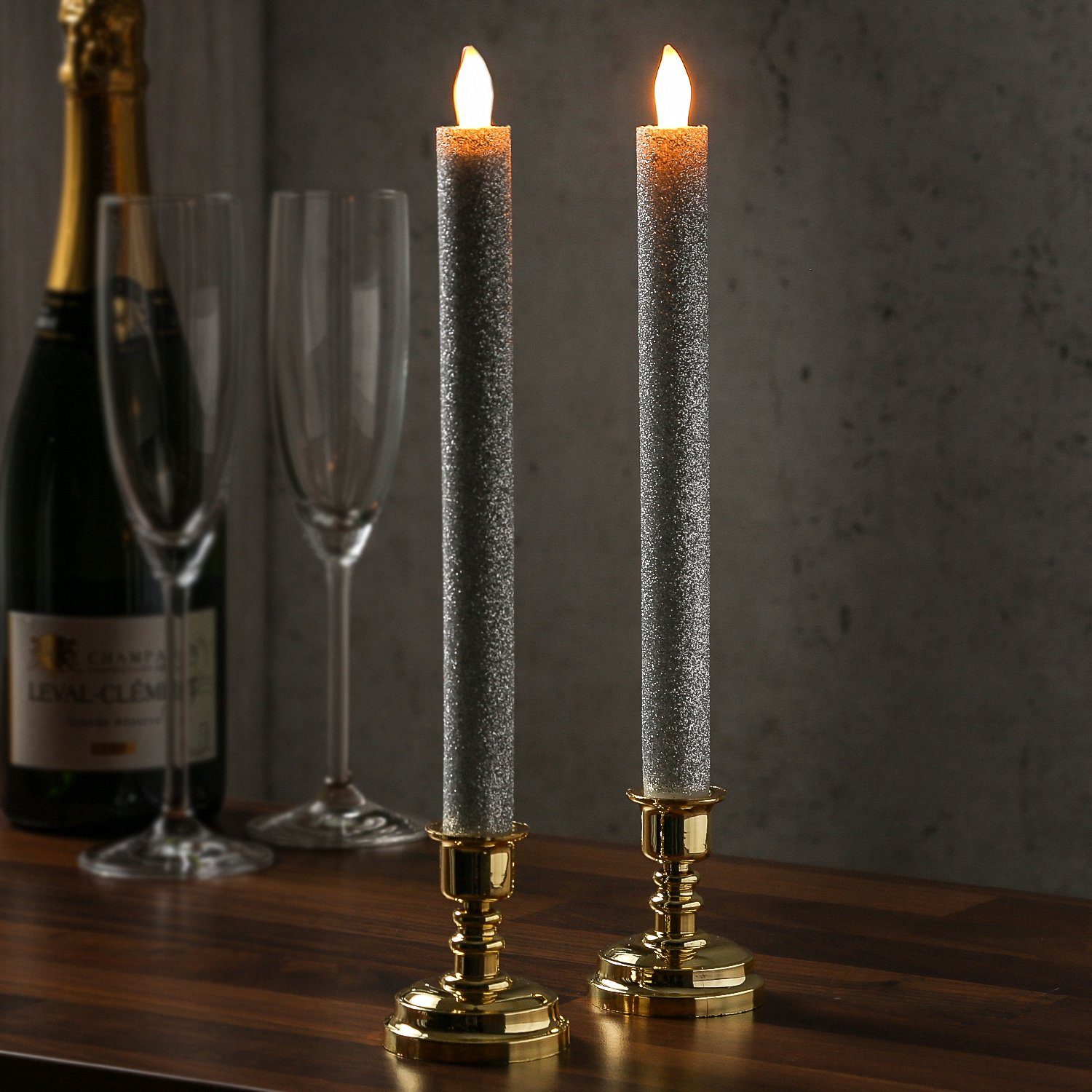 MARELIDA LED-Kerze LED Stabkerzen goldene Kerzenständer flackernd Echtwachs  2Stück silber glitzernd (2-tlg)