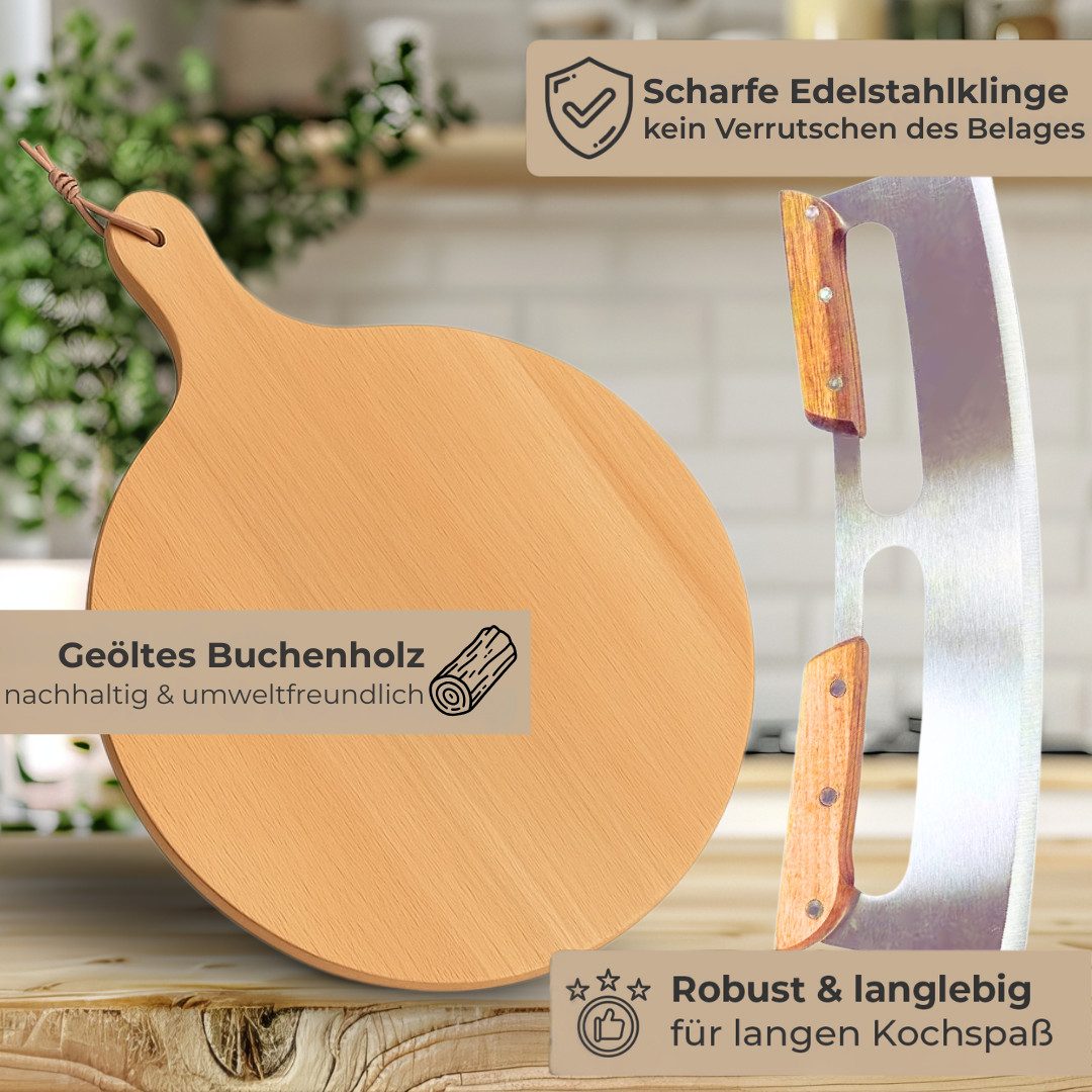 Topanbieter999 Pizzaschneider verschiedene Ausführungen, Set mit Pizzabrett inkl. Lederband zum aufhängen und Klingenschutz – Bild 5 von 5