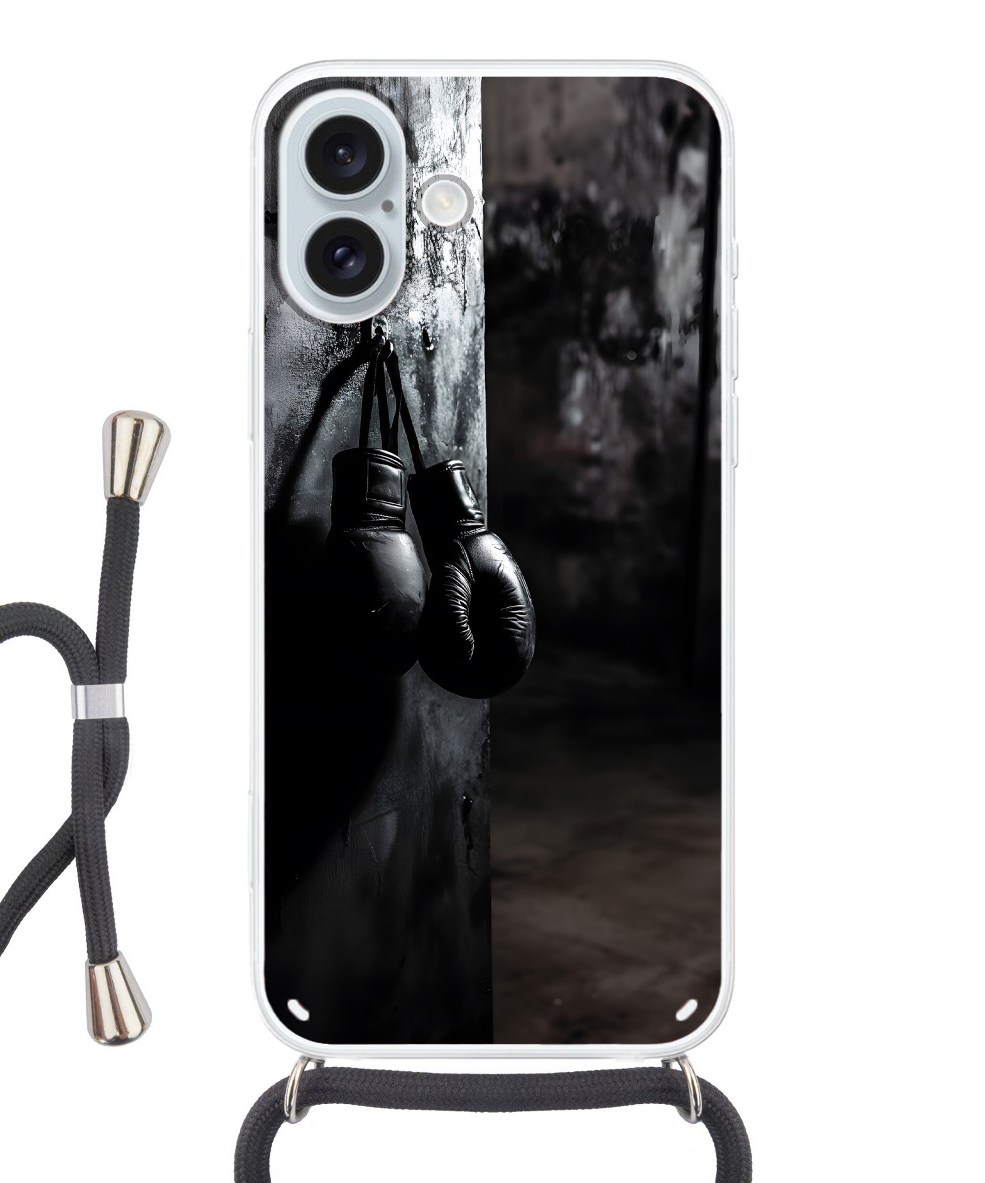 MuchoWow Handyhülle für Apple iPhone 16 Plus Boxhandschuhe - Wand - Dunkel - Schwarz, Tragbare Handyhüllen mit Kette zum umhängen, Handykette Handyband