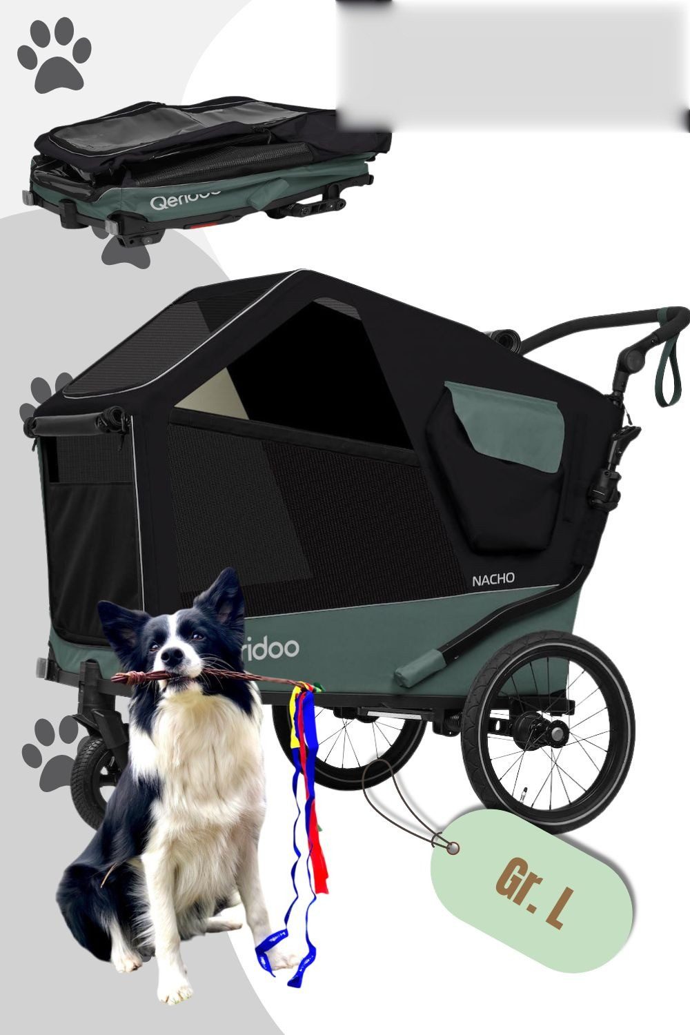 Qeridoo Fahrradhundeanhänger Qeridoo Nacho Hundeanhänger, Für Hunde bis 35 Kg, Buggyfunktion, Große Türe hinten