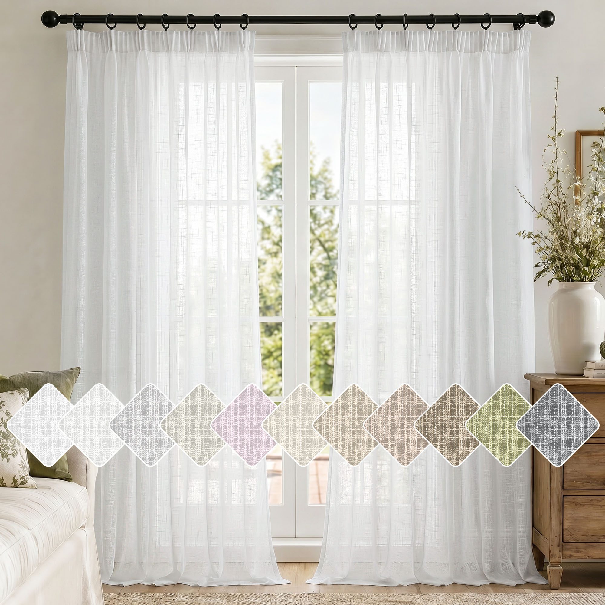 Deconovo Vorhang Voile Leinenoptik Gardinen mit Kräuselband Gardinenschal Weiß 2er Set, Luftige Vorhänge Dekoschal Transparent Vorhang Wohnzimmer einfarbig