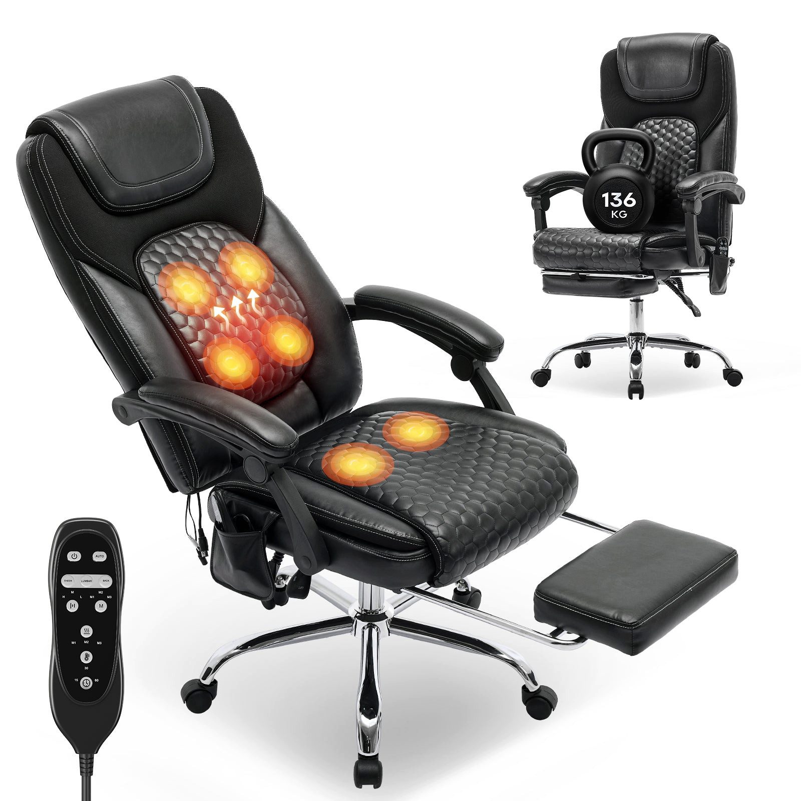smartue Bürostuhl Ergonomischer Bürostuhl mit Massagefunktion und Fußstütze, Bequemer Chefsessel mit Lendenheizung und verstellbarer …