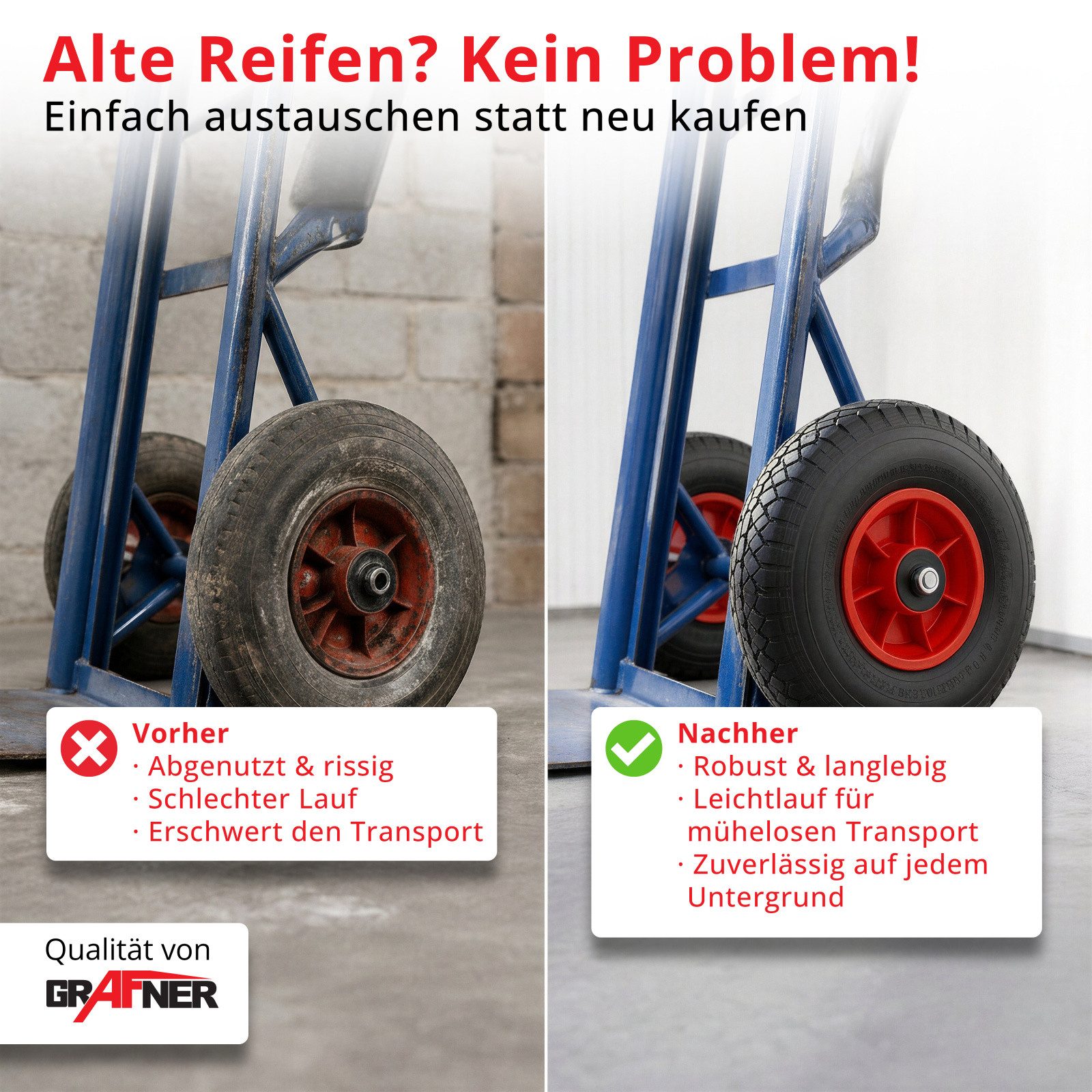 Grafner Ersatzrad Grafner® 2x Sackkarrenrad Bollerwagenrad 3.00-4 PU Vollgummibereifung, Gesamt Duchmesser: 26 cm, Reifenbreite: 8 cm, Nabenlänge: 7 cm – Bild 3 von 5