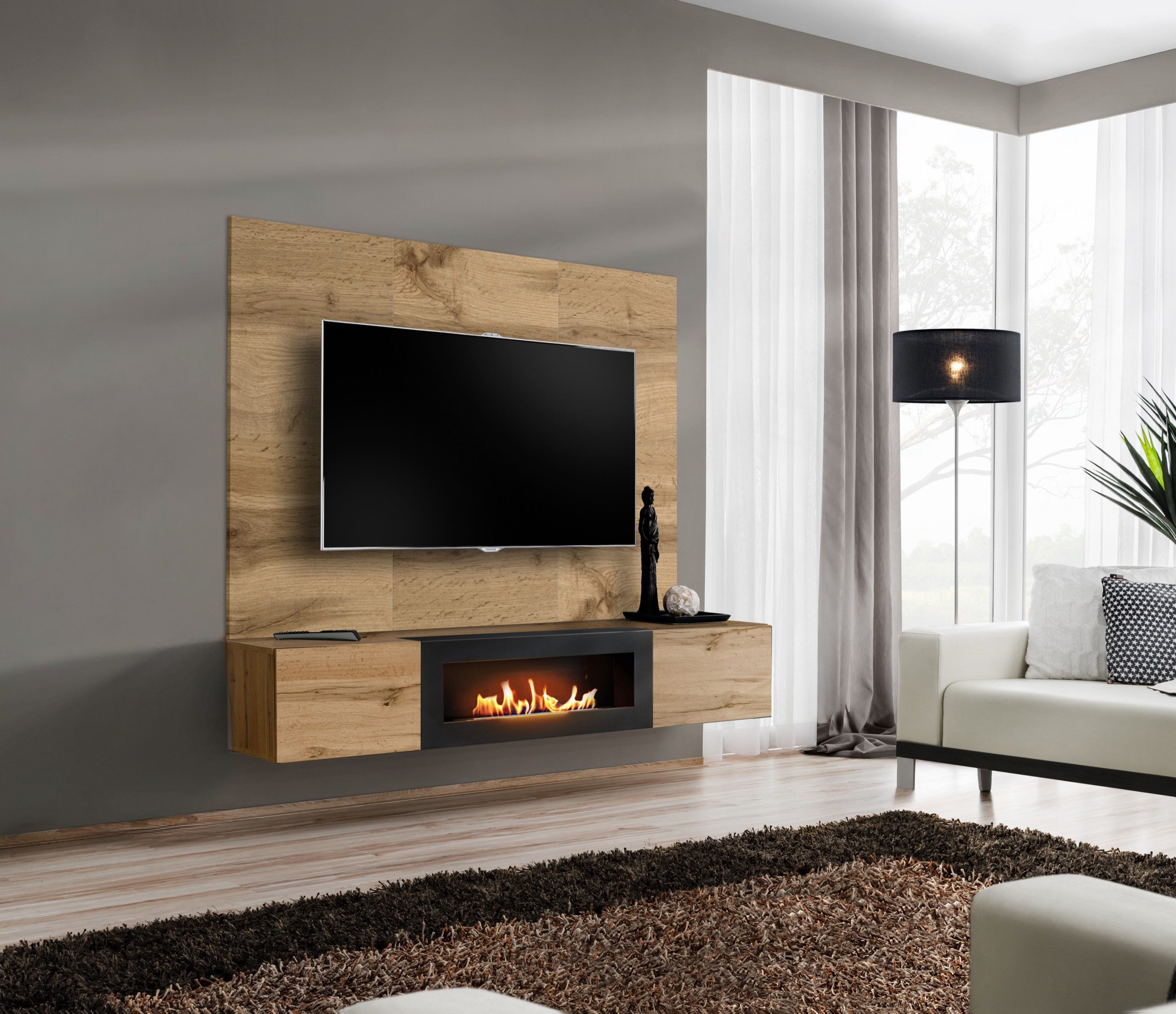 ASM-Moebel Wohnwand Wohnwand SWITCH PRK mit Bio-Ethanol Kamin und Push - Click System, Mit Bio-Ethanol Kamin und Push - Click System