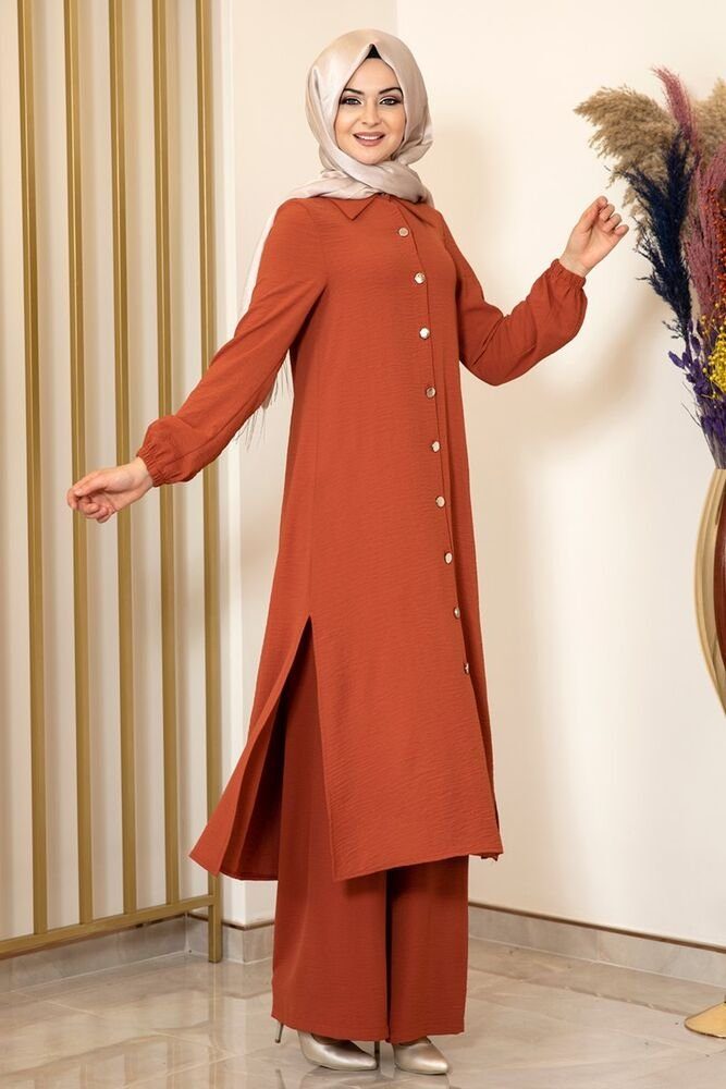 Lange Hijab Zweiteiler Ziegelsteinrot Longtunika Knöpfe, Hose Stoff Anzug Kleidung Aerobin Damen Modavitrini mit Tunika