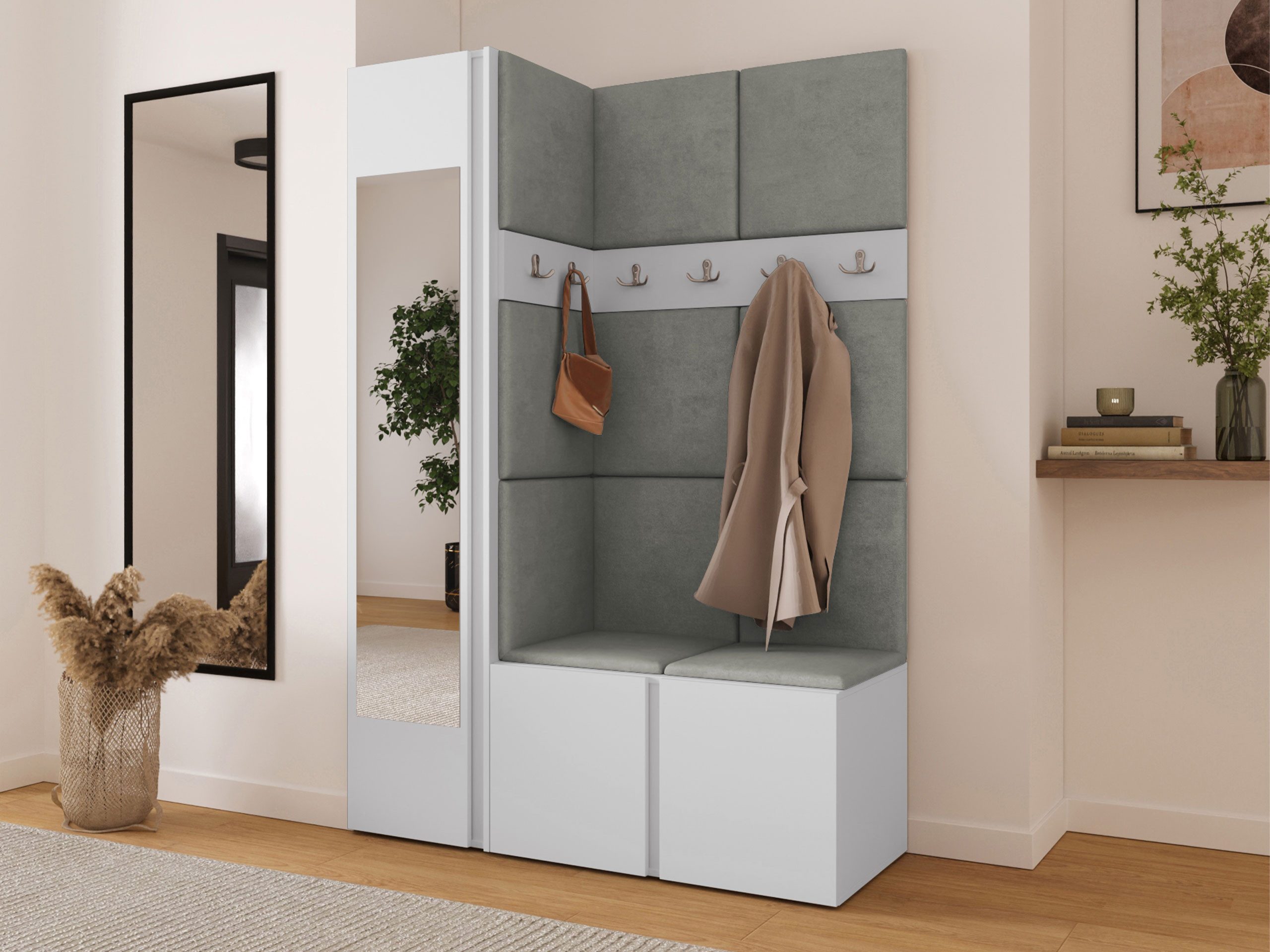 MIRJAN24 Garderoben-Set Orion X, (Komplett-Set, Schuhschrank, Schrank mit Spiegel, 2x Kleiderhaken, Paneel 11x 42x42), Auswahl aus Fronten und Polsterplatten