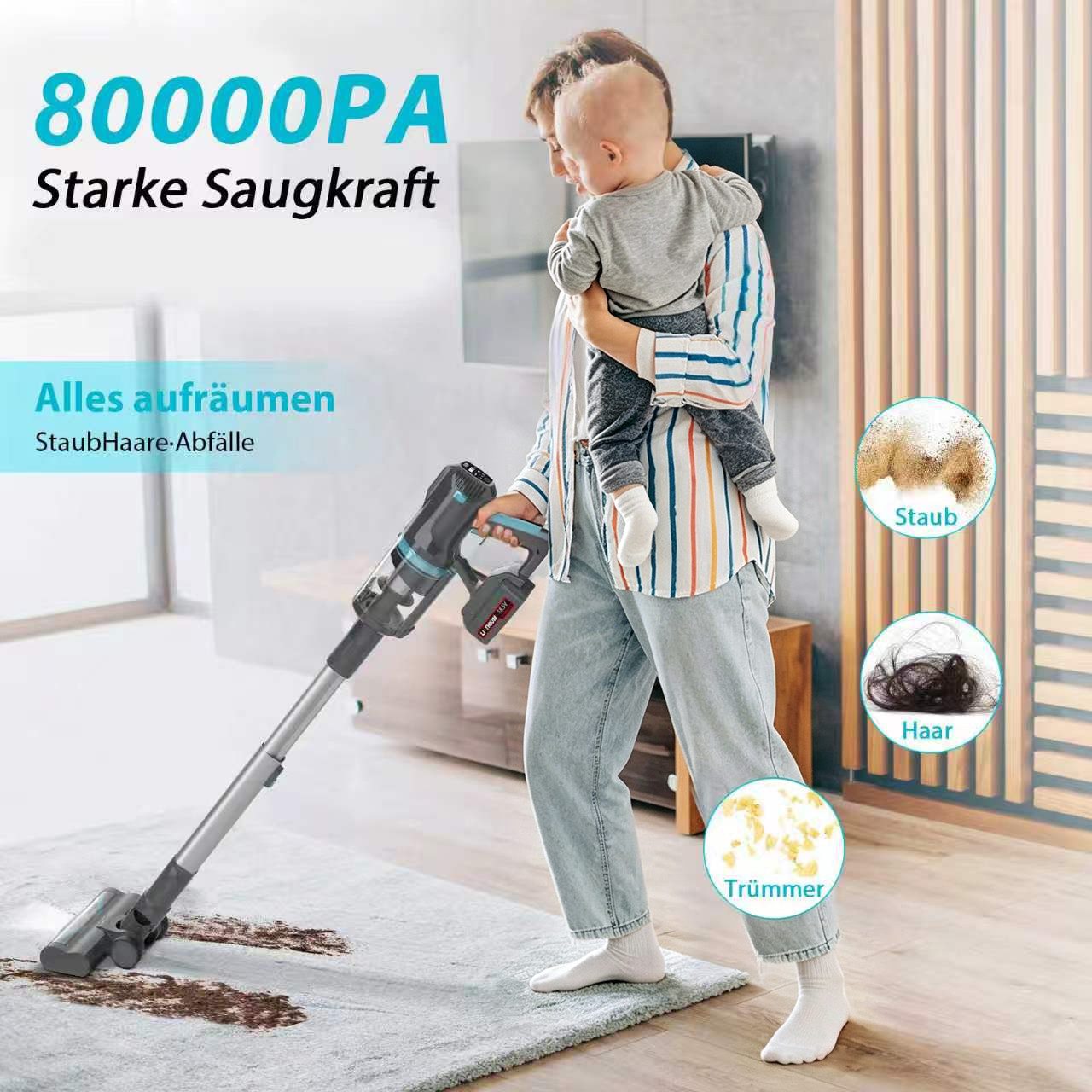 Grenintol Akku-Hand-und Stielstaubsauger Akku-Staubsauger 80.000 Pa, kabelloser Stielstaubsauger mit HEPA, 500 W, beutellos, inkl. Akku, Ladegerät, Wandhalterung und Zubehör