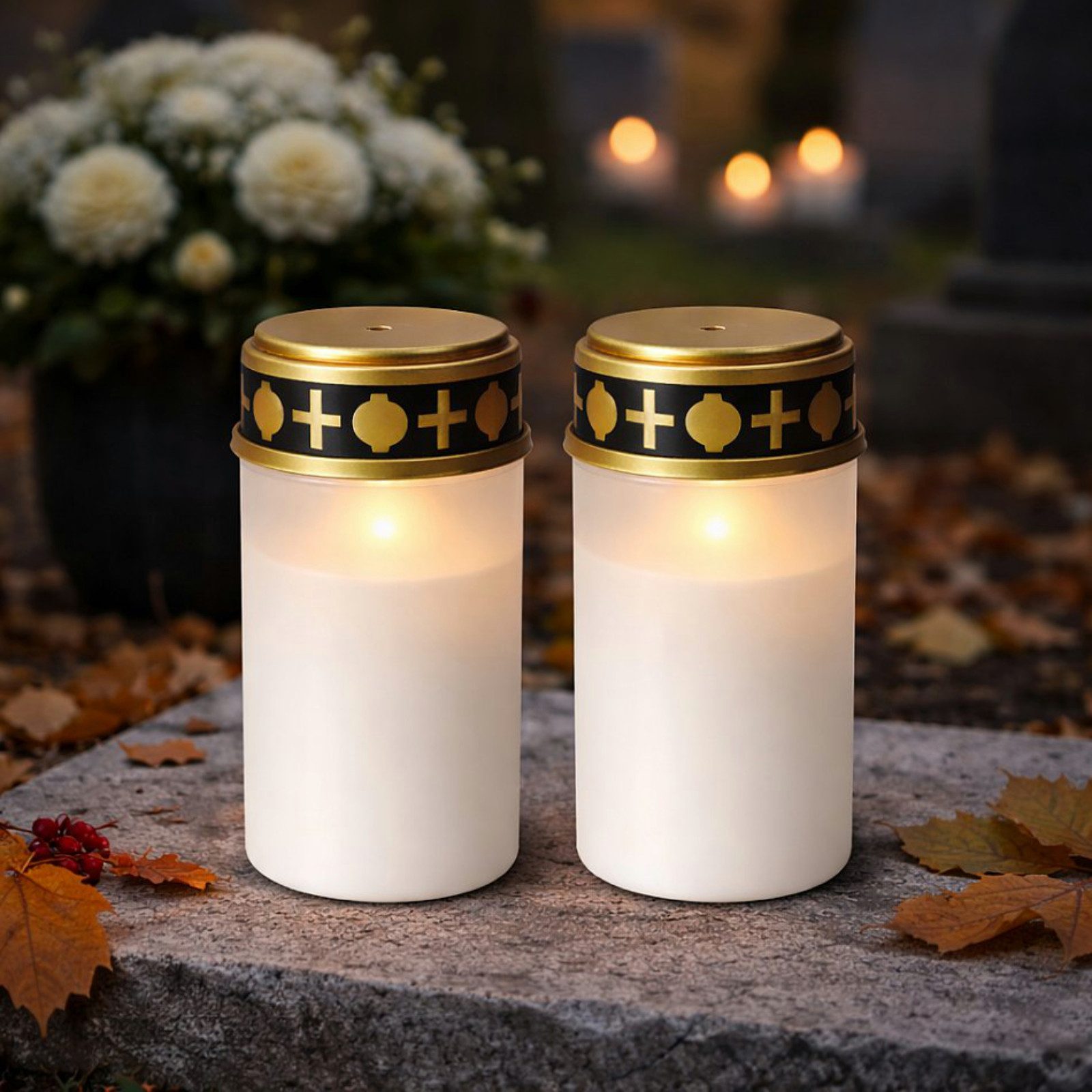 Koopman Grabkerze LED Grabkerze Grableuchte Licht Kerze 12cm Weiß 2er (2-tlg), Ø6,5cm, abnehmbarer Deckel, matte Oberfläche, flackernd