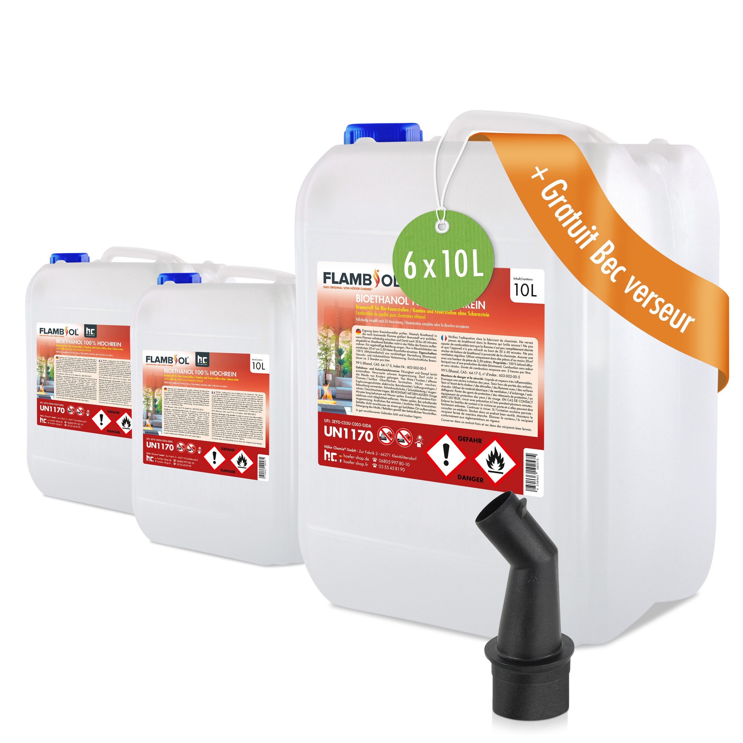 Höfer Chemie GmbH Bioethanol 6x 10 L FLAMBIOL® Bioethanol 100% Hochrein, 60 l, (6-St), Reiner Brennstoff für sauberes, rückstandsfreies Feuer – Bild 2 von 5