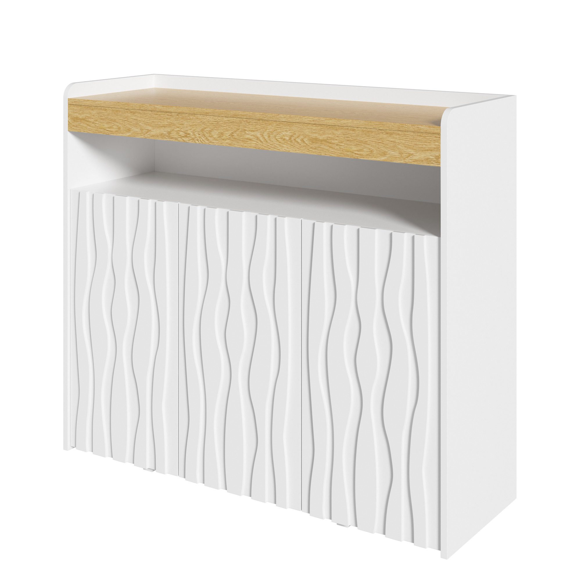 Flieks Sideboard Mehrzweckschrank mit LED-Beleuchtung & 3 Türen in Wellenmuster-Design (B105×H90,5×T35 cm, 1 St., mit offenem Ablagefach und Verstellbaren Einle – Bild 5 von 5