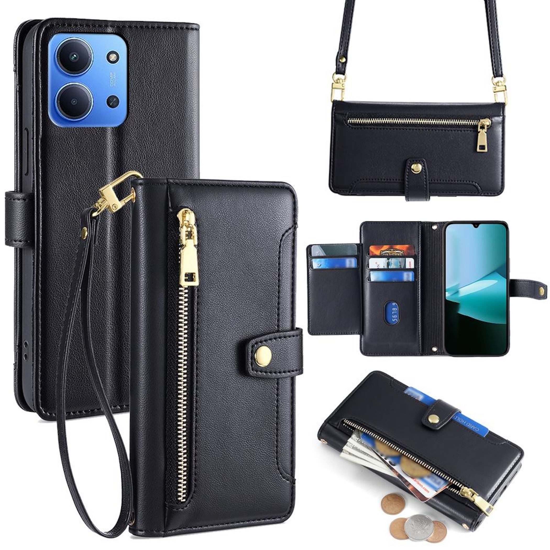 Wigento Handyhülle Für Xiaomi Redmi 15C 5G / 4G Crossbody Kunstleder Wallet Hülle Schwarz, Reißverschlussfach, Kartenfächer, Crossbody-Tragekette