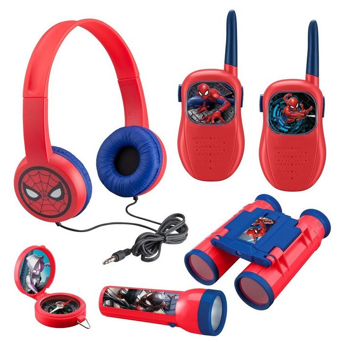 eKids SM-V302 Spiderman Abenteuer-Set Kinder-Kopfhörer (Walkie-Talkies Taschenlampe Kompass Fernglas)