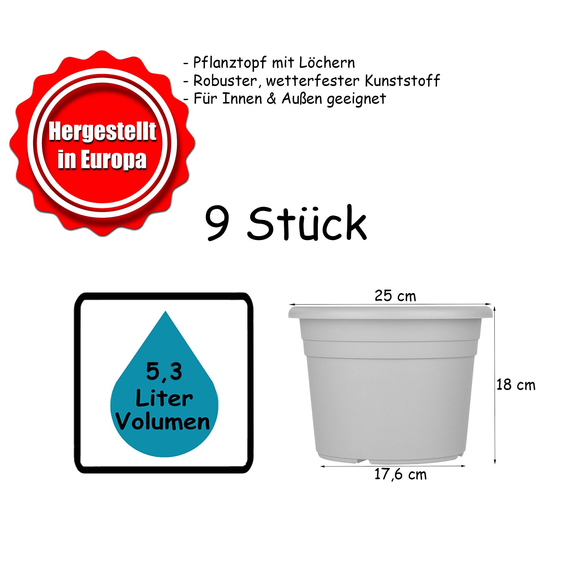 BigDean Blumentopf Pflanzkübel aus Kunststoff rund (Set, 9 St., Blumentöpfe), Blumentöpfe, Wetterfest, Hochwertig, Blumenkübel, Pflanztöpfe – Bild 5 von 5