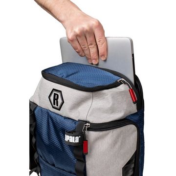 Rapala Angelrucksack Rapala Countdown Backpack Rucksack Blau Grau, Gepolsterte, verstellbare Schultergurte aus 3D-Mesh mit Brustgurt und Befestigungspunkten für Werkzeug, Belüftende 3D-Mesh-Rückenstütze, Abnehmbare und verstellbare Klettverschlüsse zum Transport von Ruten und Kescher, Fronttasche, YKK-Reißverschlüsse und -Zugbänder, Leicht zugängliches Hauptfach mit internen Reißverschlusstaschen, Erweiterbare Seitentasche mit Reißverschluss für Wasserflaschen, Obere Reißverschlusstasche für kleine Ausrüstung, Gepolsterte Reißverschlusstasche auf der Rückseite für 15'' Laptop, Bietet Platz für zwei Angelkisten (35,6cm x 22,9cm x 3,5cm) (separat erhältlich)